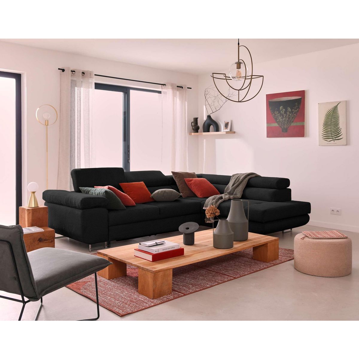 BEST MOBILIER Zaria - canapé d'angle droit - convertible avec coffre et têtières réglables - 5 places - en velours côtelé