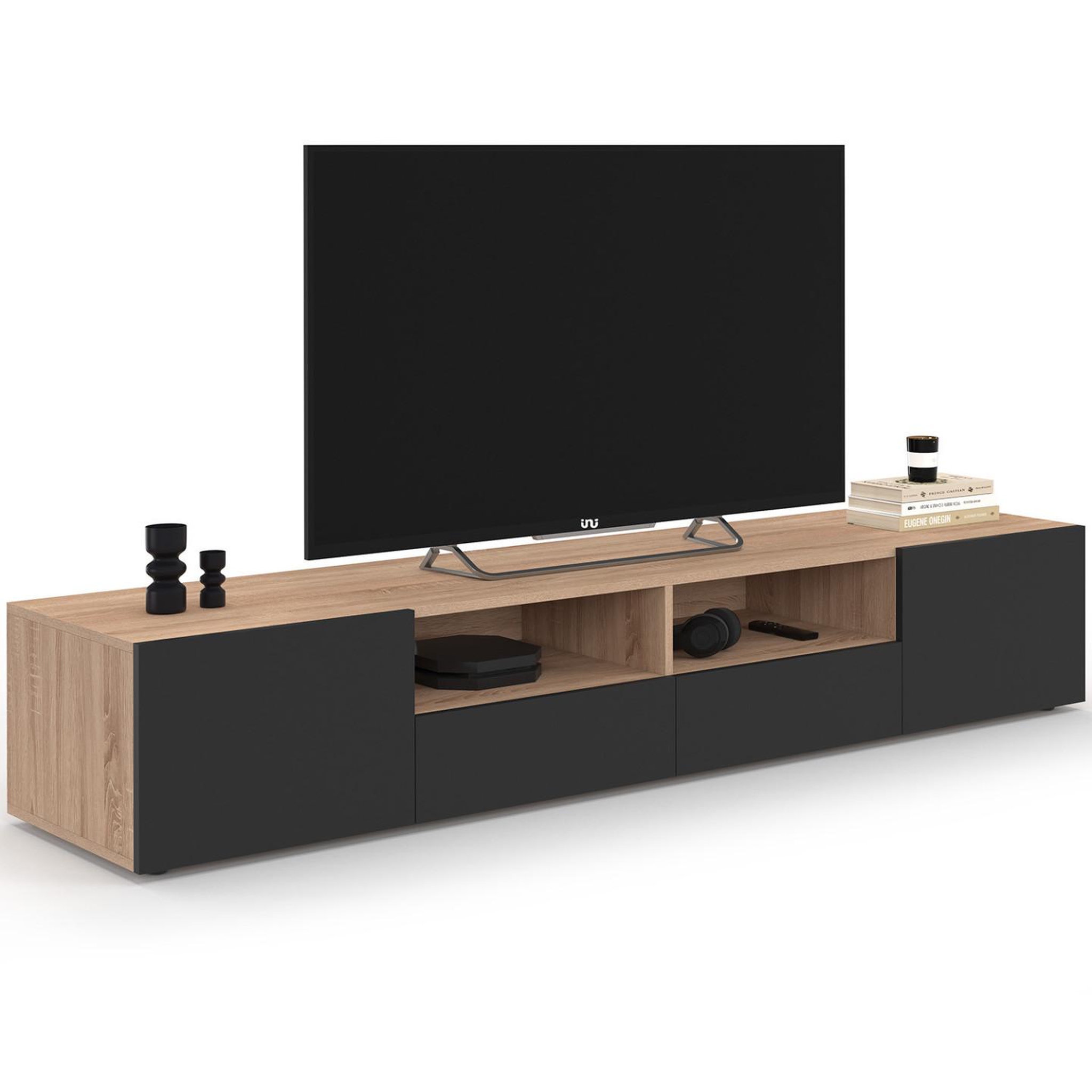 ID MARKET Meuble tv 180 cm eli bois façon hêtre portes noires