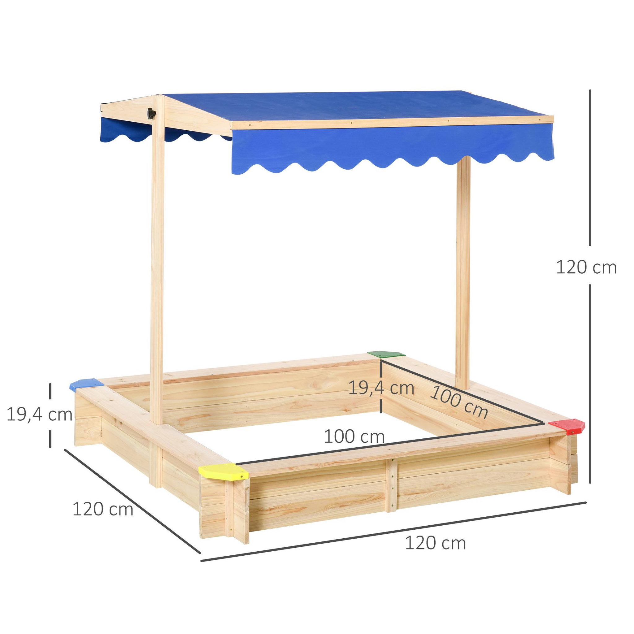 Voir la diapositive 3 : OUTSUNNY Bac à sable bois carré dim. 1,2L x 1,2l x 1,2H m - hauteur et inclinaison toit réglables - bois naturel de pin