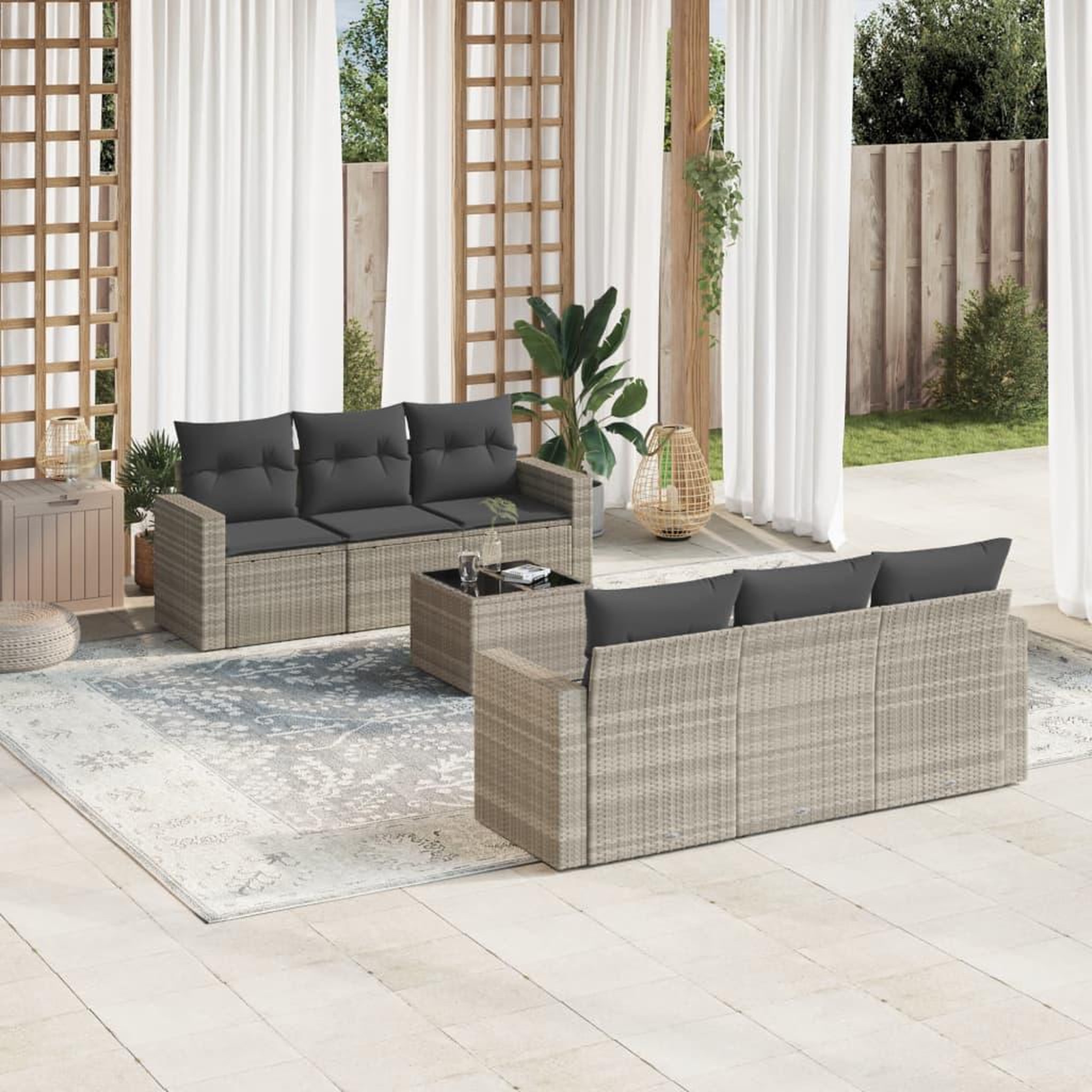 VIDAXL Salon de jardin avec coussins 7 pcs gris clair resine tressee