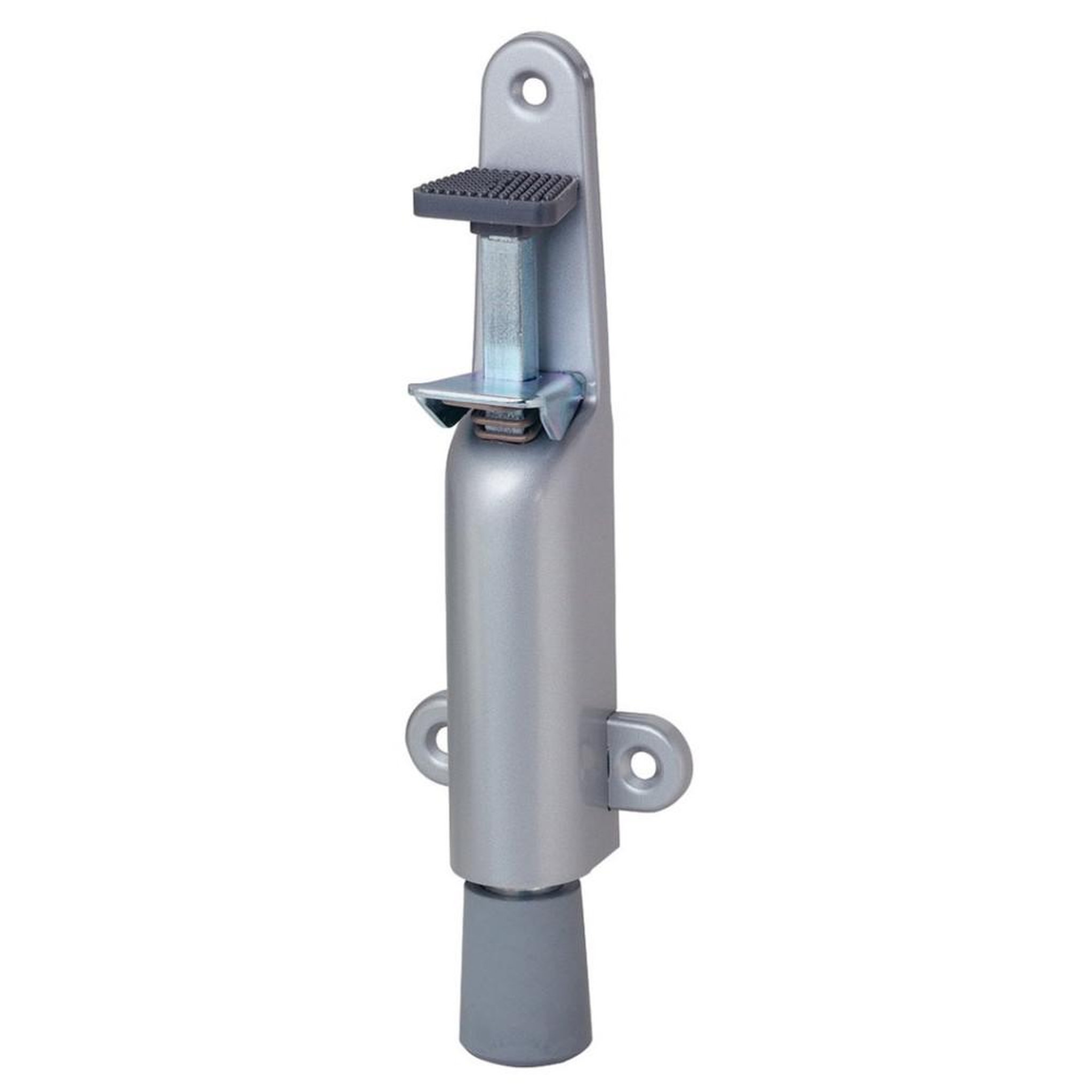 Frein de porte à déclenchement au pied 102602, course 30 mm, finition argent, charge max 40 kg