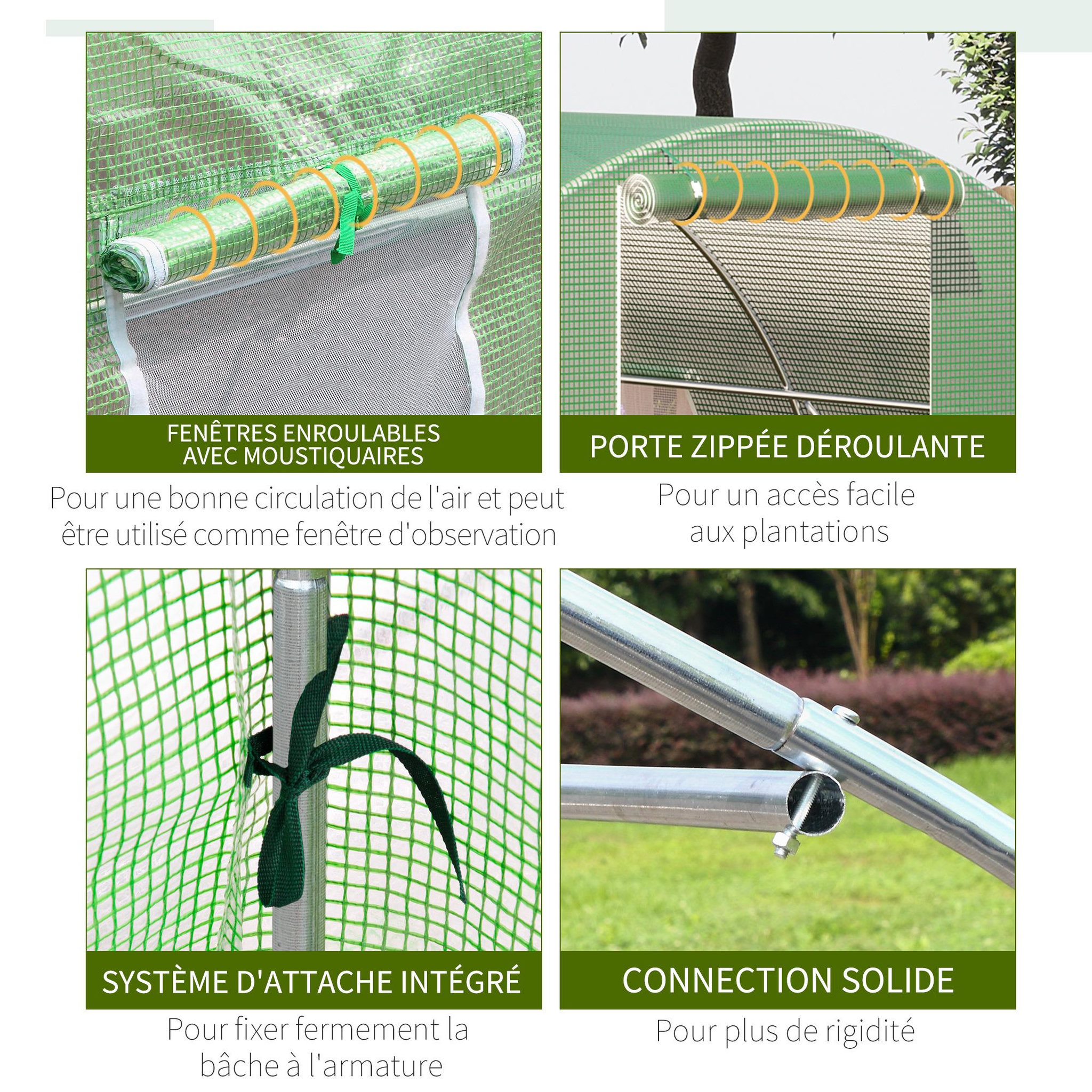 Voir la diapositive 5 : OUTSUNNY Serre de jardin tunnel 18 m² dim. 6l x 3l x 2h m - 8 fenêtres, porte zippée enroulable - châssis tubulaire acier galvanisé, bâche pe haute densité vert