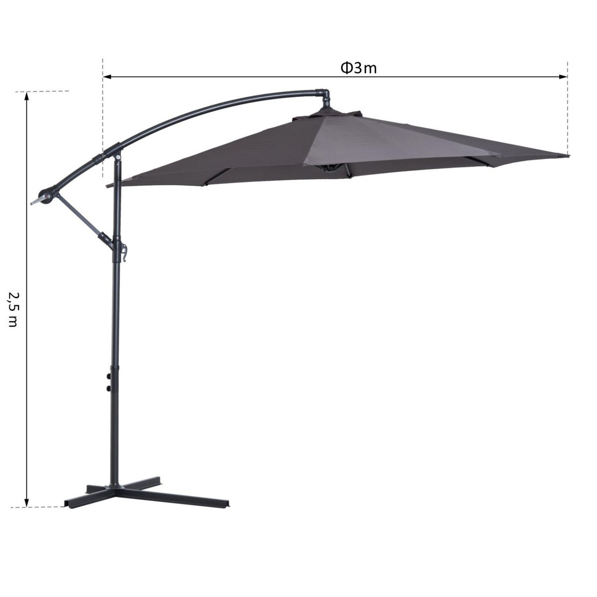 OUTSUNNY Parasol déporté octogonal inclinable manivelle pied acier Ø 3 x 2,5H m gris