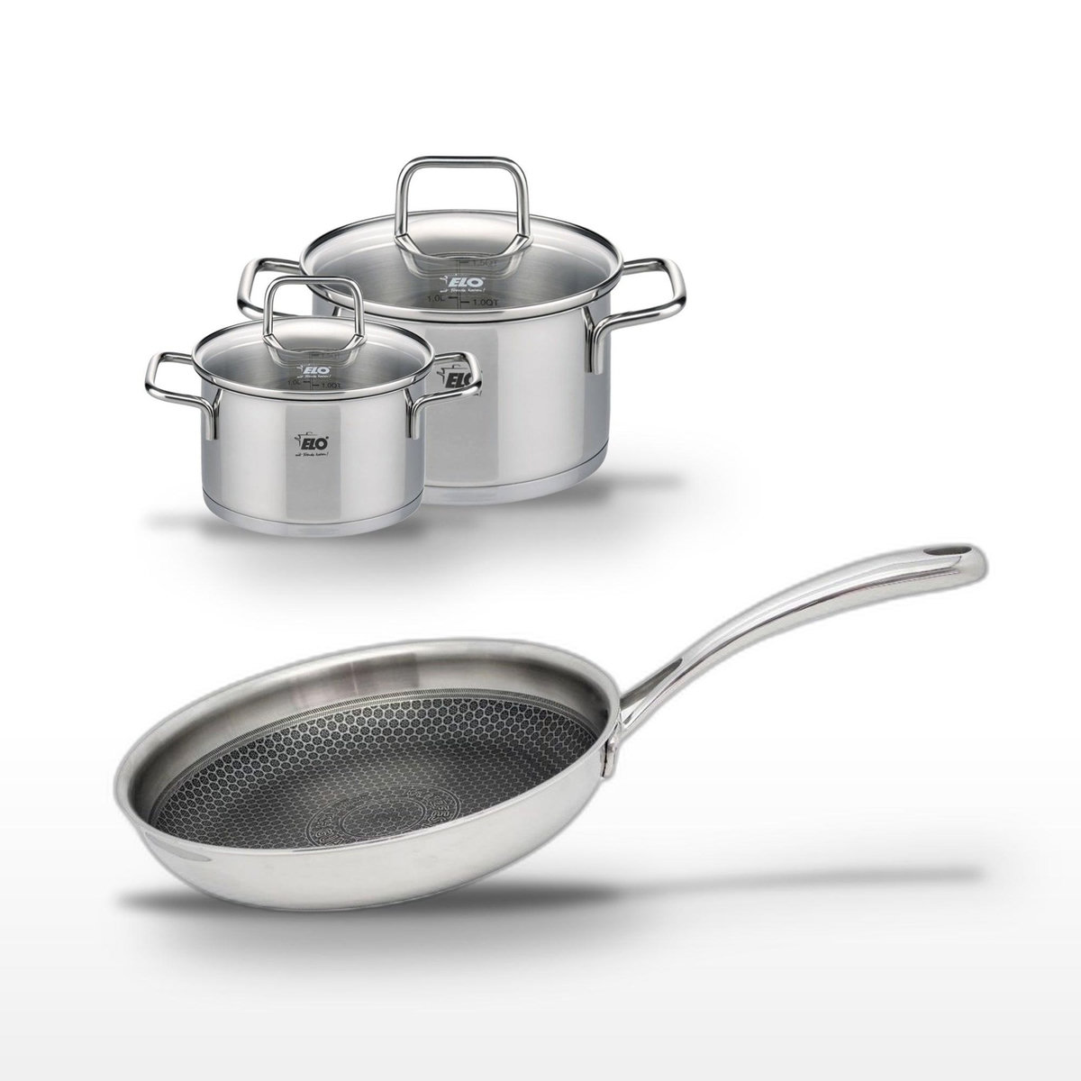ELO Lot Poêle 28 cm Elo Relief Evolution & 2 Faitouts 16/12 cm Elo