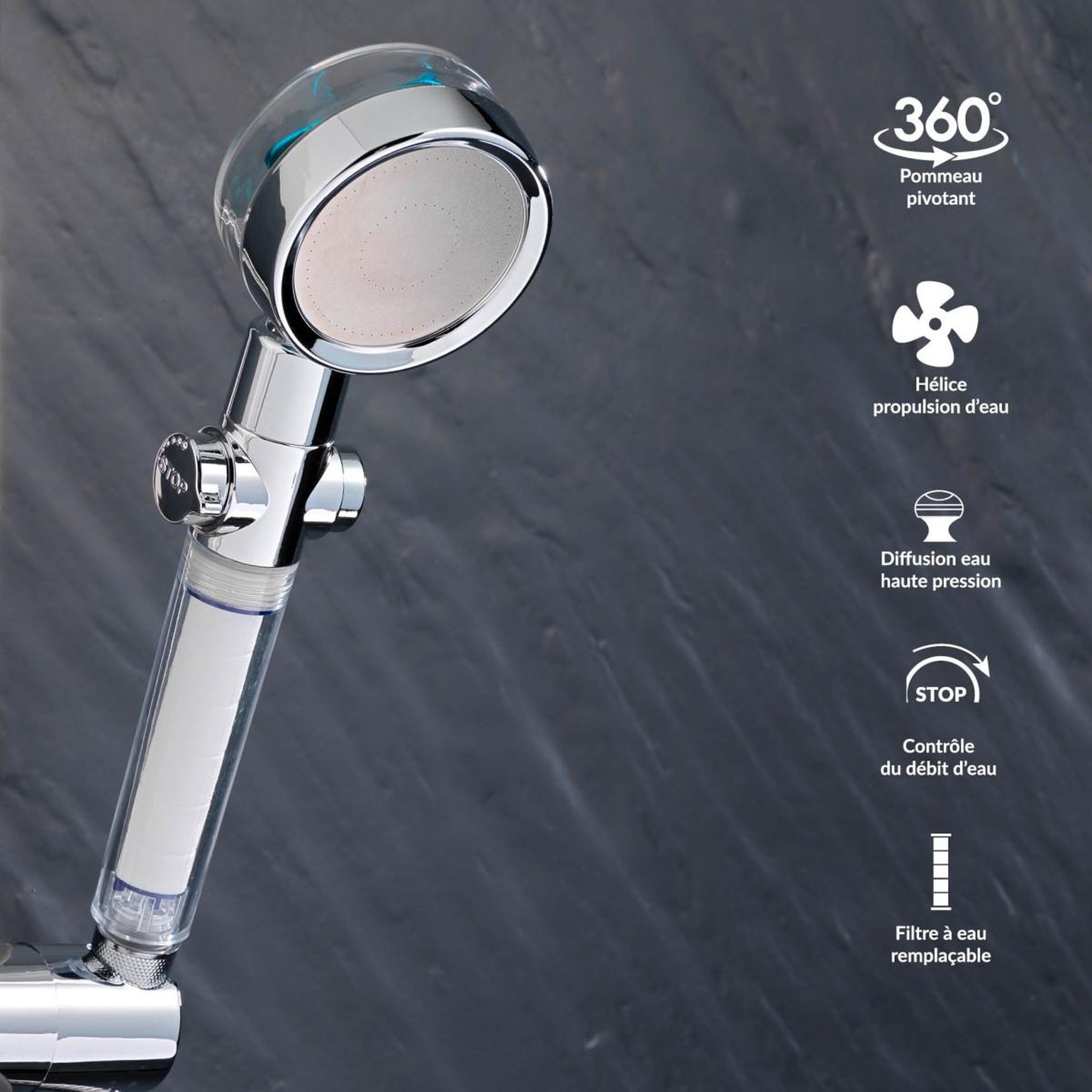 Voir la diapositive 2 : Douceur d'Intérieur Pommeau de Douche à Hélice  Hydro  25cm Transparent