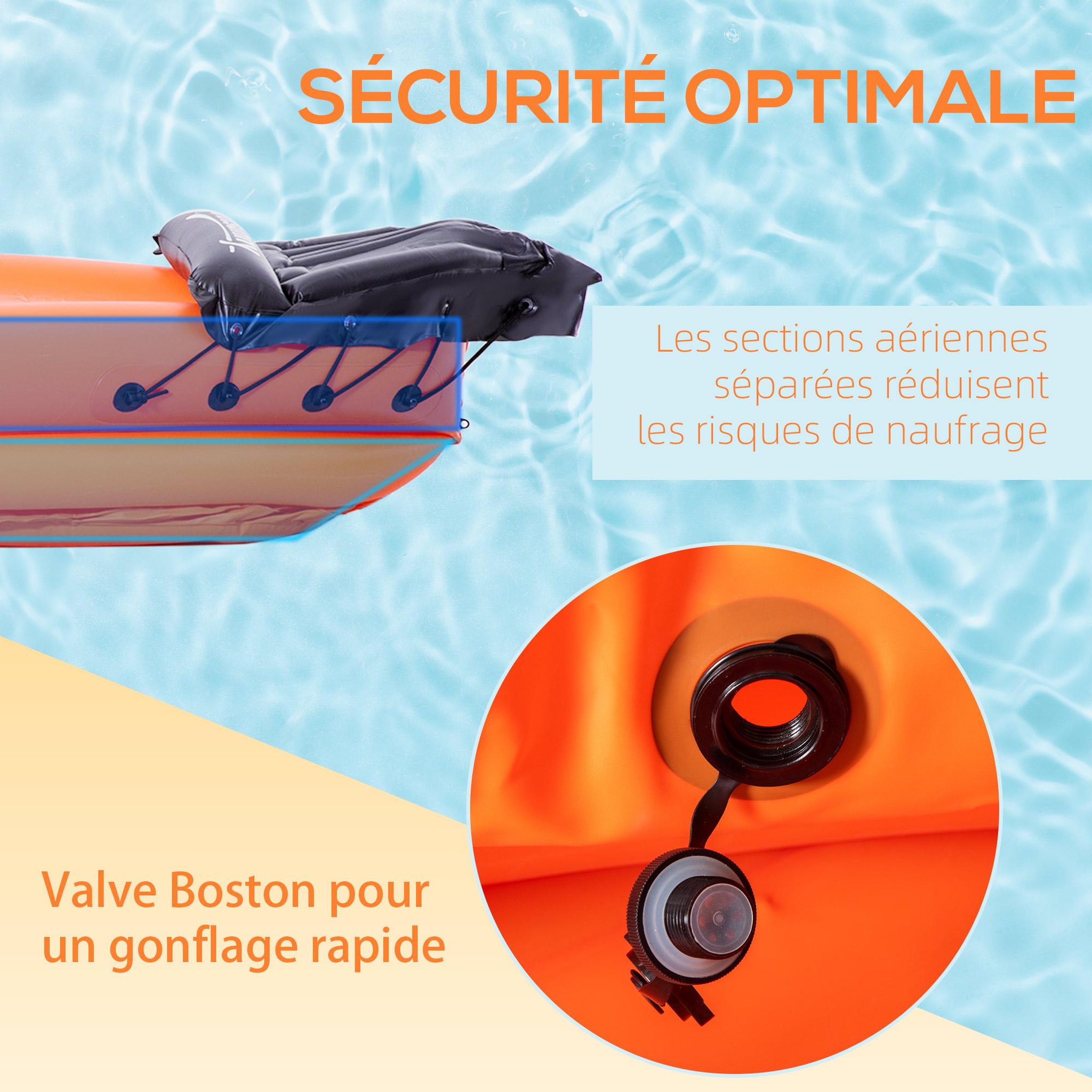 Voir la diapositive 4 : OUTSUNNY Canoé kayak gonflable 1 personne - gonfleur et rame en aluminium inclus - PVC orange noir