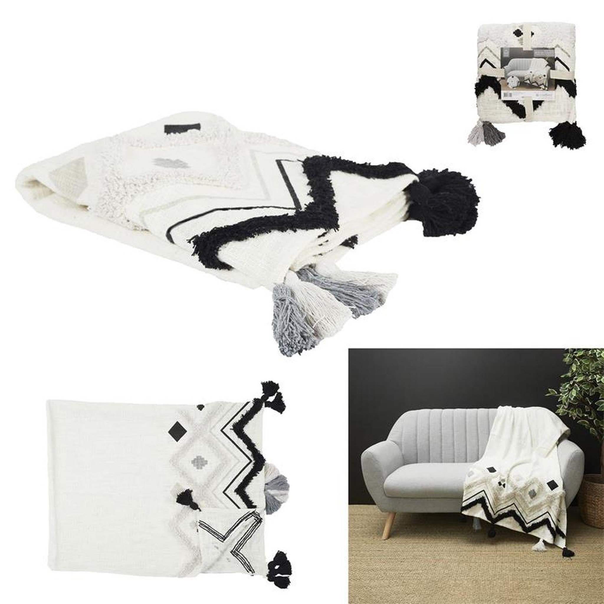 Voir la diapositive 5 : TOILINUX Jeté de canapé ethnique avec pompons - 130 x 170 cm - blanc et noir