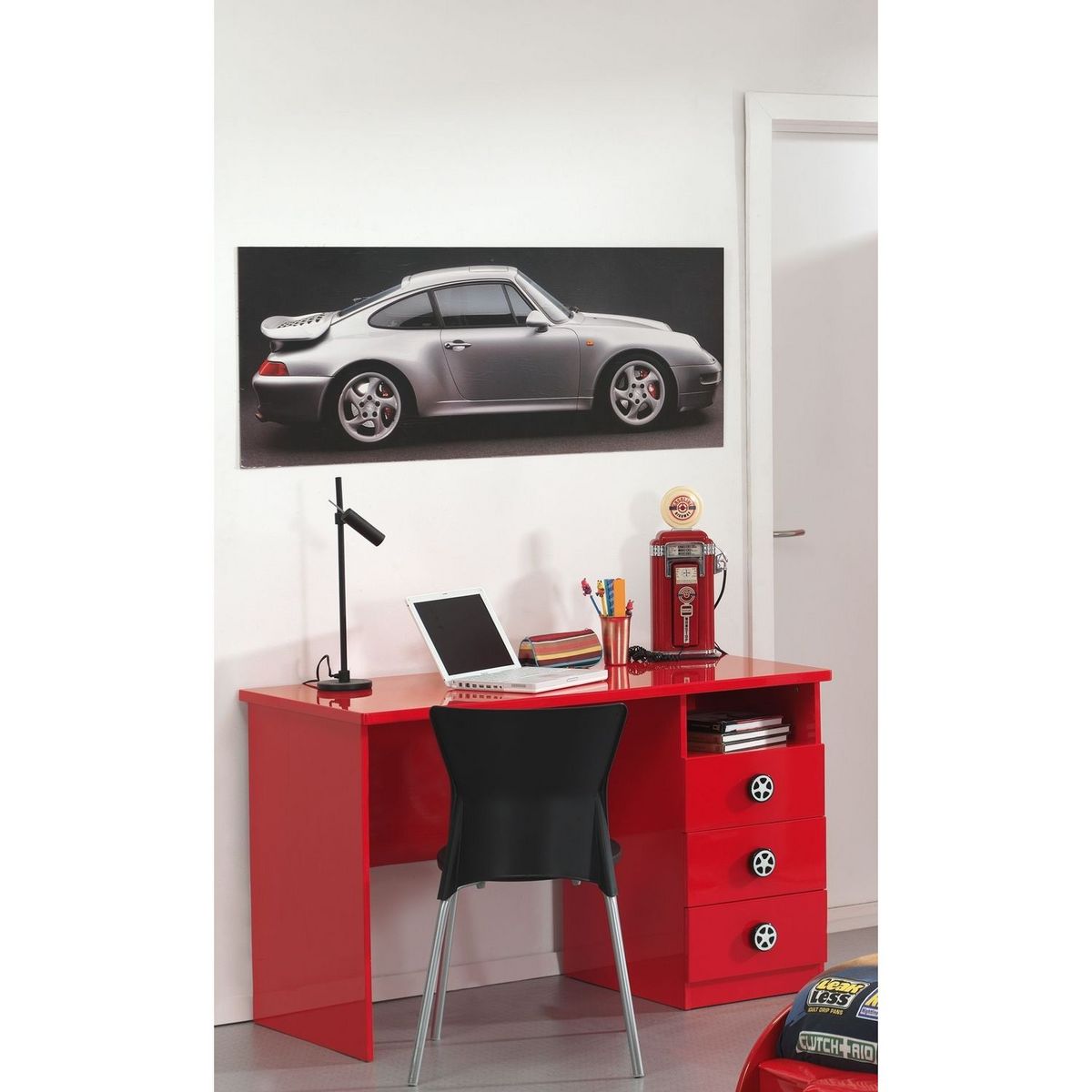Bureau enfant rouge 3 tiroirs, 1 niche esprit racing SPEED