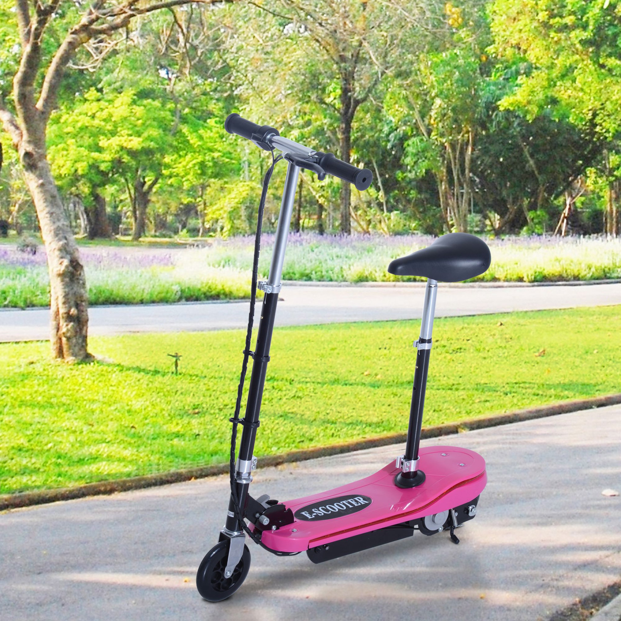 Voir la diapositive 2 : HOMCOM Trottinette électrique pliable 120 W enfant 7 à 12 ans lumière LED hauteur guidon et selle réglable 10 Km/h max. rose