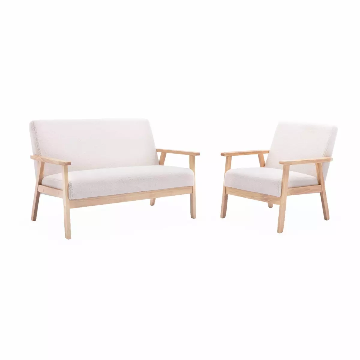 SWEEEK Banquette et fauteuil en bois et tissu bouclette. Isak. L 114 x l 69.5 x H 73cm