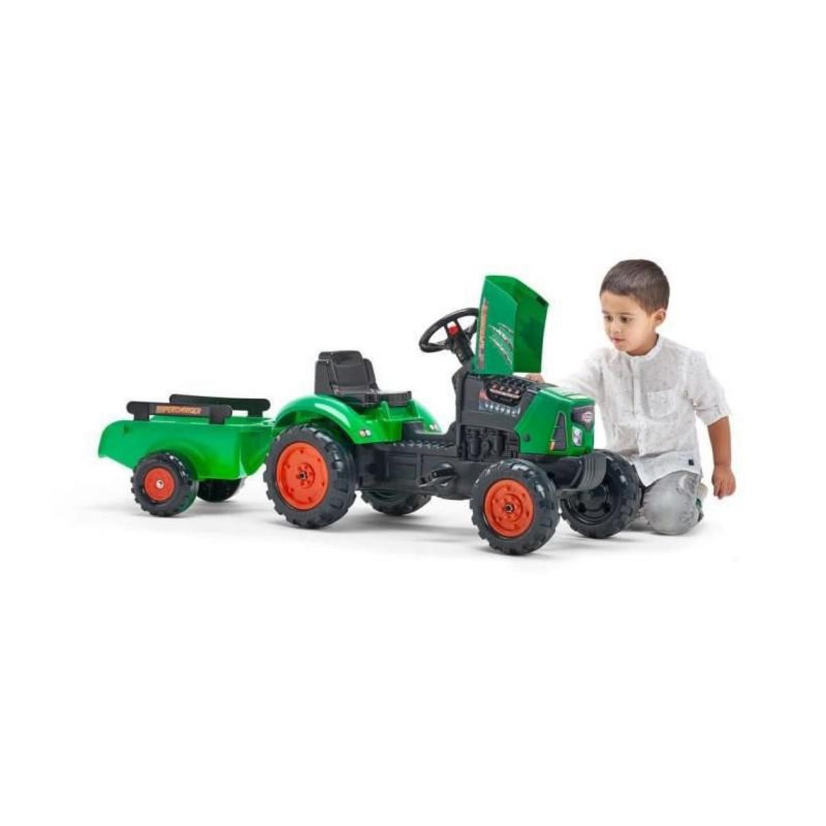 FALK FALK - Tracteur a pedales Supercharger rouge avec capot ouvrant et remorque