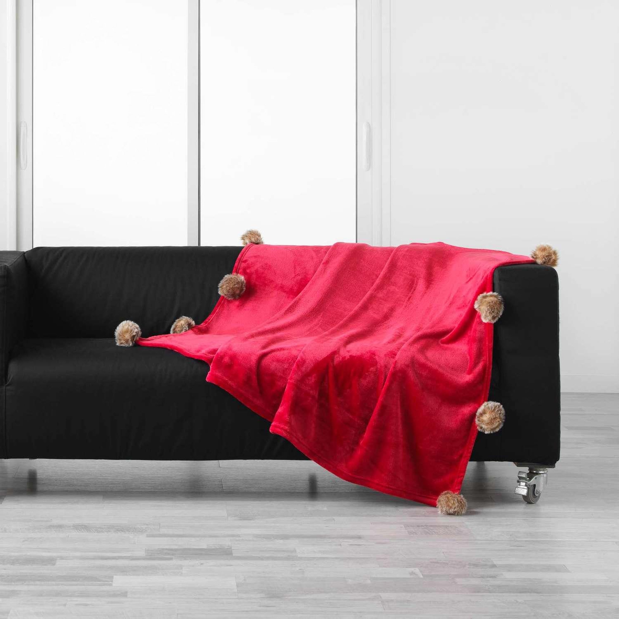 Voir la diapositive 2 : Douceur d'Intérieur Plaid à pompons doux - 150 x 125 cm - rouge