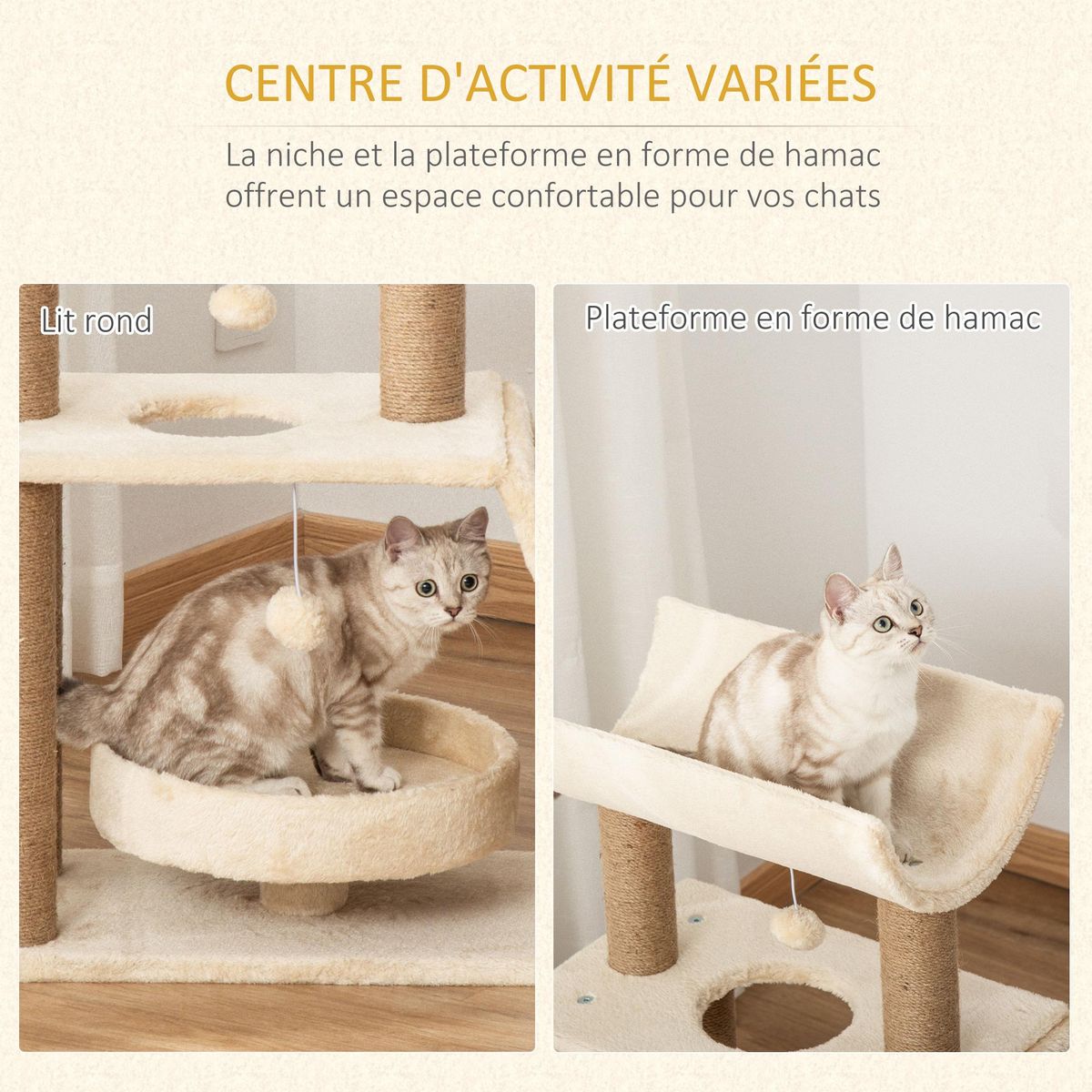 PAWHUT Arbre à chat griffoirs grattoir jeu boules suspendues plateformes ronde, rectangulaire et demi-cylindrique peluche jute naturelle beige