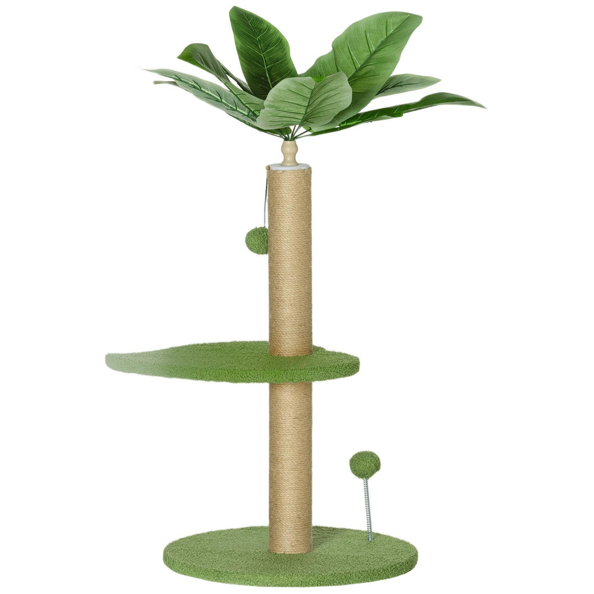 PAWHUT Arbre à chat design tropical - plateforme, griffoir, 2 jeux boules - beige vert