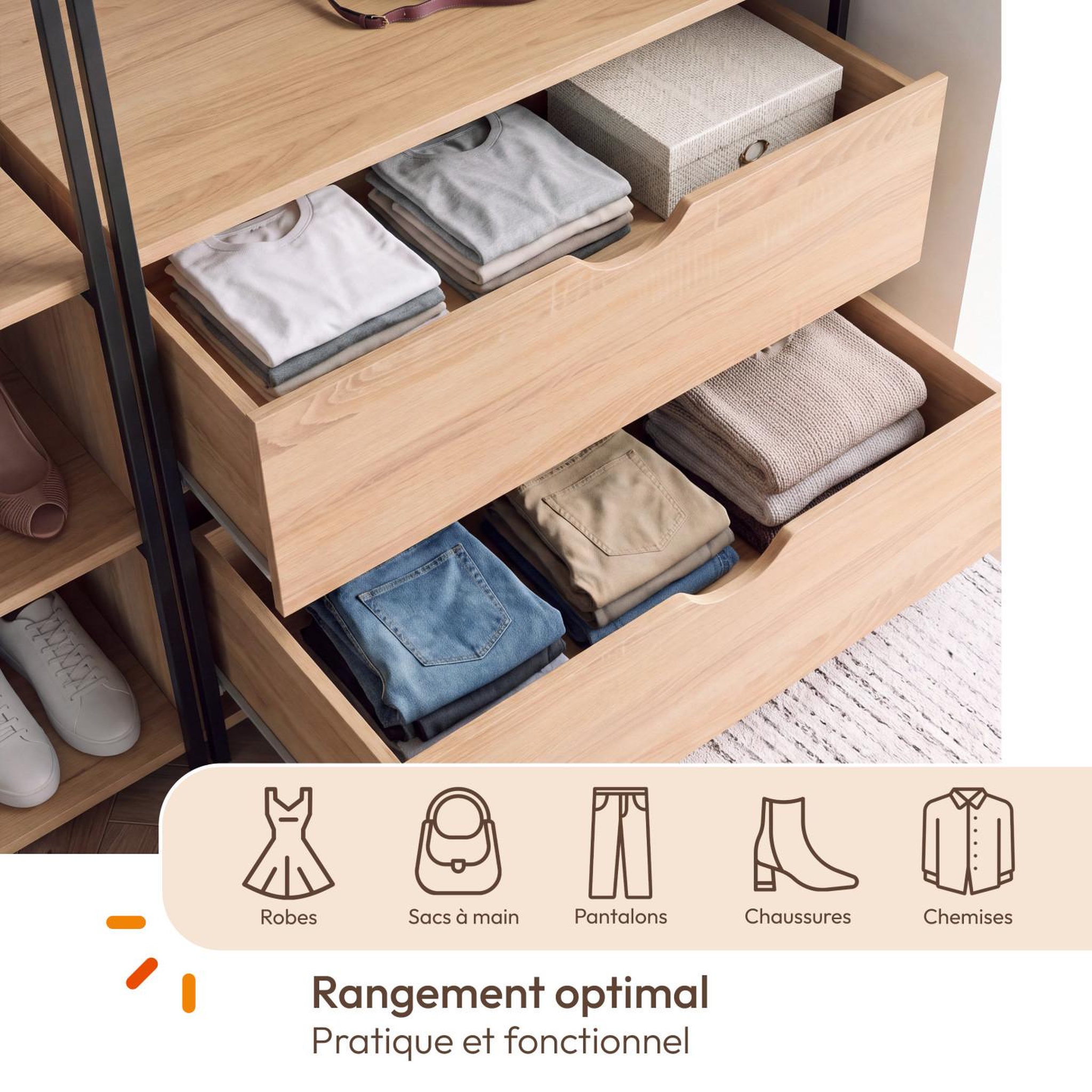 Voir la diapositive 4 : ID MARKET Dressing modulable double penderie étagères et 2 tiroirs detroit design industriel
