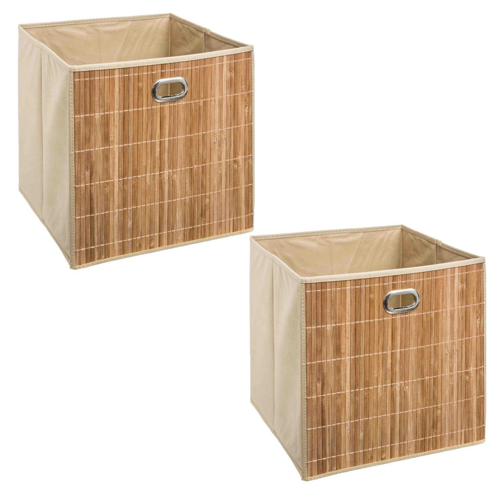 TOILINUX Lot de 2 boîtes de rangement cube en bambou et tissu mix'n modul - l.31 x l.31 x h.31 cm - beige
