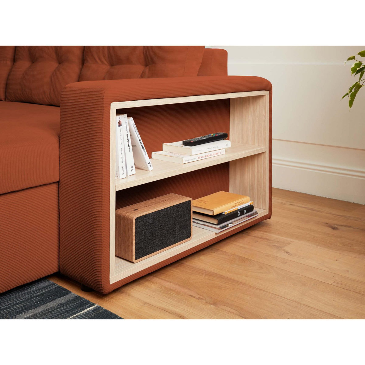 BEST MOBILIER California - canapé d'angle réversible convertible - avec coffre, tablette et poufs - en velours côtelé - 4 places