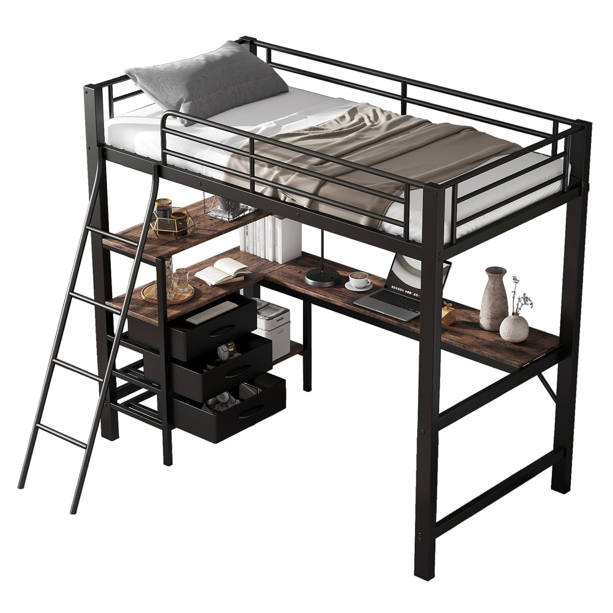 MERAX Lit mezzanine 90x200cm métal et bois coloris noir
