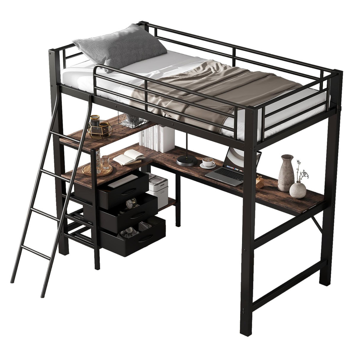 MERAX Lit mezzanine 90x200cm métal et bois coloris noir