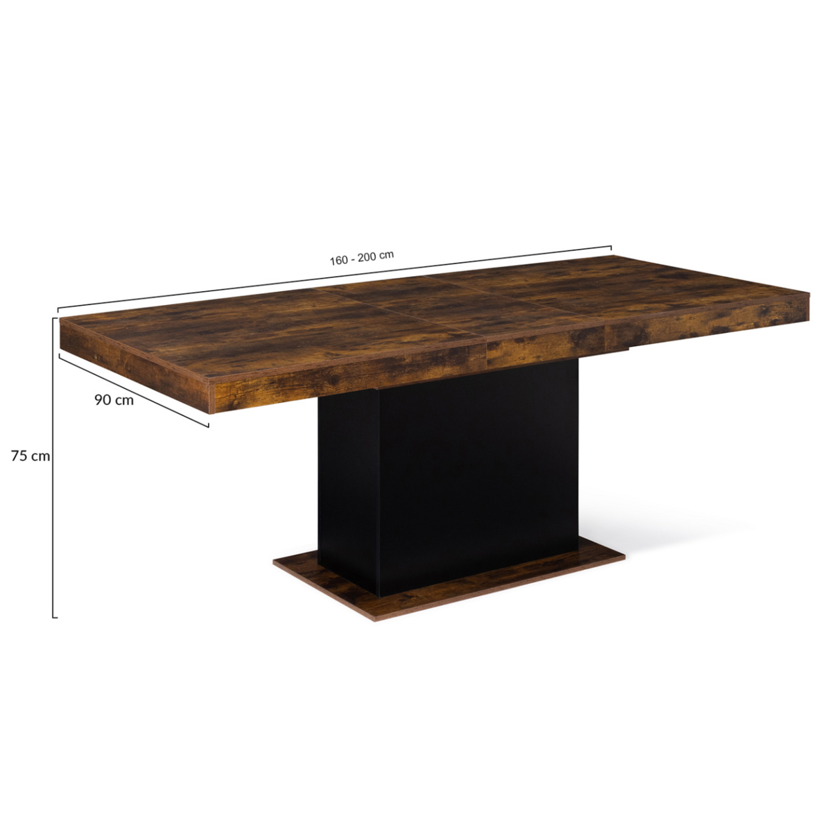 ID MARKET Table à manger extensible rectangle EDEN 6-10 personnes bois effet vieilli et noir 160-200 cm