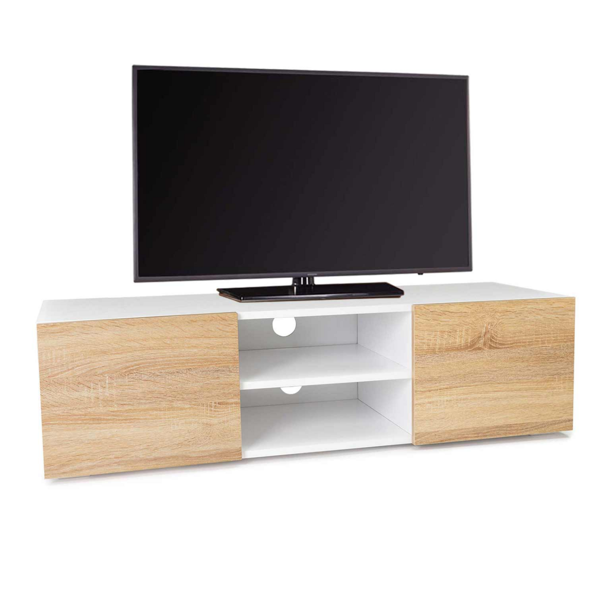 ID MARKET Meuble TV 113 cm ELI blanc portes façon hêtre