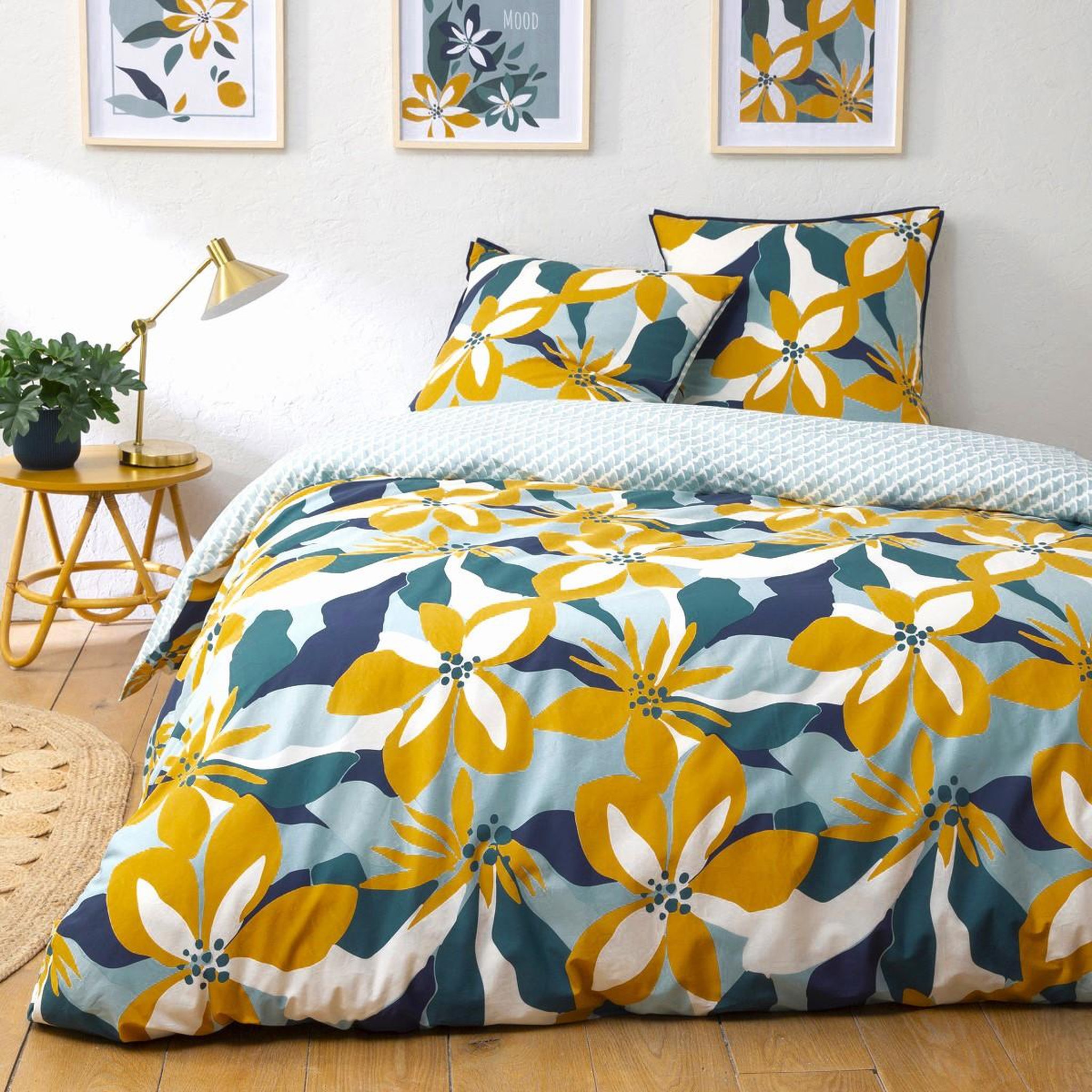 FUTURE HOME Parure de lit 2 personnes en percale 70 fils imprimé bleu. Coloris disponibles : Bleu
