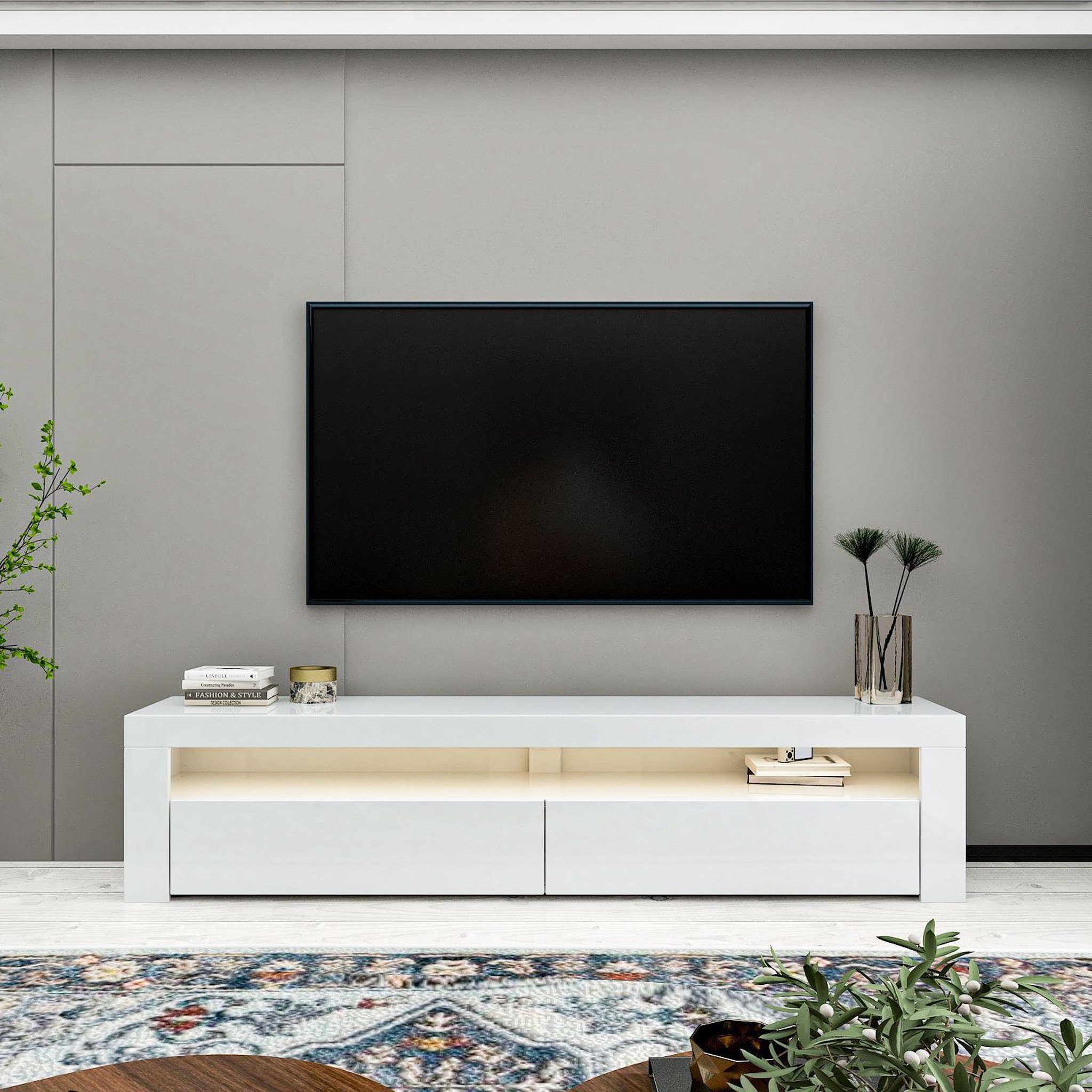 Voir la diapositive 2 : Habitat et Jardin Meuble tv en bois  bati  - 150 x 36 x 46 cm - blanc