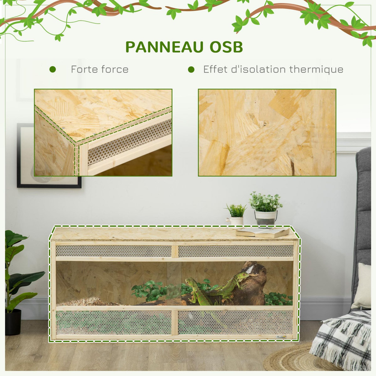 PAWHUT Terrarium - vivarium reptiles & batraciens - 2 portes coulissantes verre trempé - parois frontales maillées - OSB métal