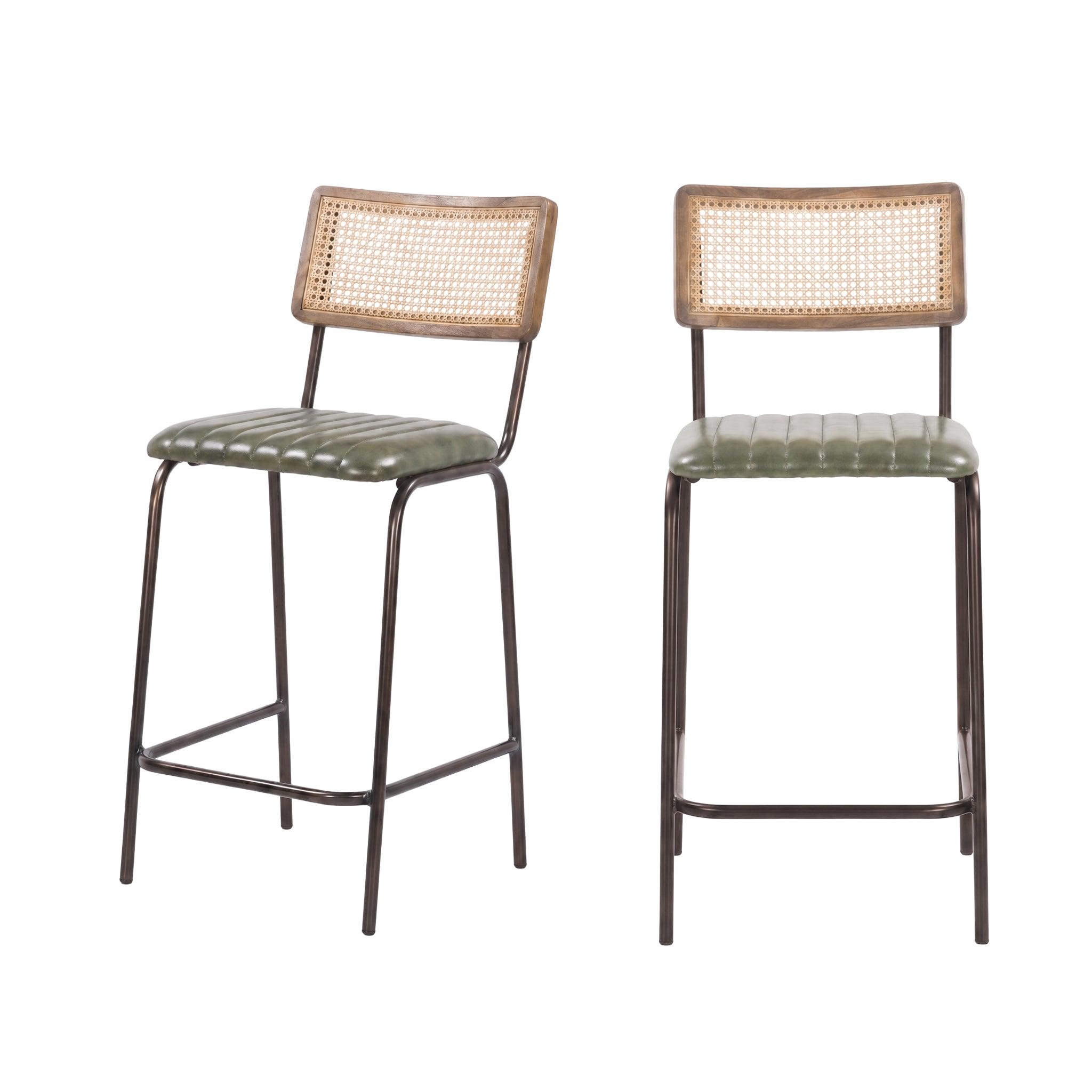 MAISON PAVANE Lot de 2 chaises de bar 76 cm en cannage et cuir vert-arsène