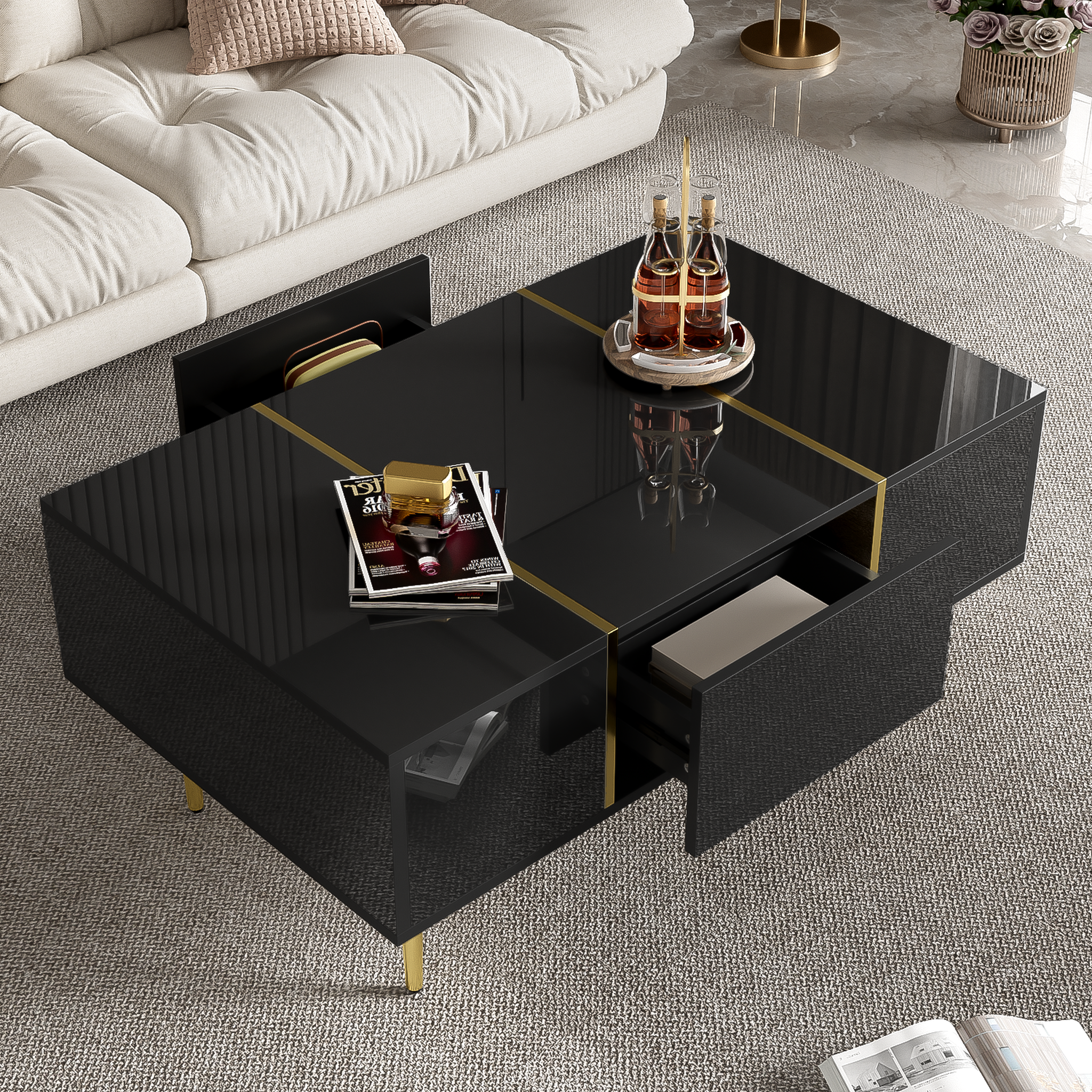 Voir la diapositive 3 : MERAX Table Basse Brillante Avec 2 Tiroirs
