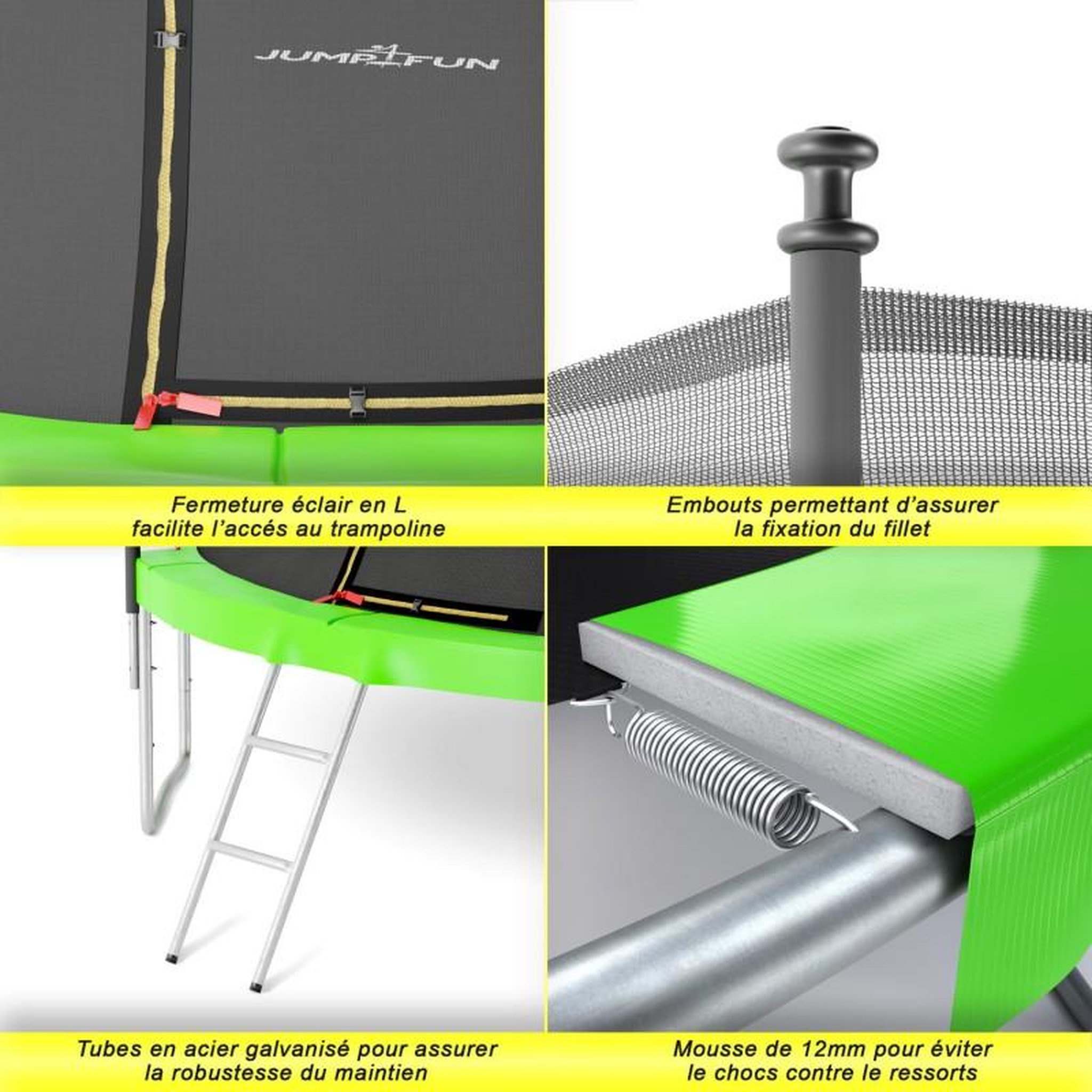 Voir la diapositive 3 : JUMP4FUN Trampoline de jardin ø185 cm / 6FT avec Filet intérieur, Matelas de protection et Echelle