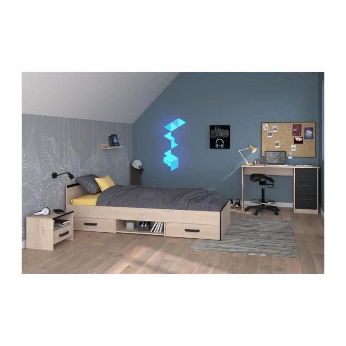 PARISOT Chambre complete enfant 3 pieces ZODIAC - Lit + chevet + bureau - Décor chene/noir - PARISOT