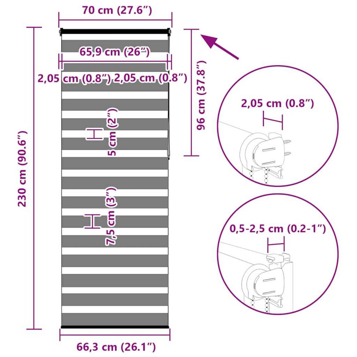 VIDAXL Store zebre gris fonce largeur du tissu 65,9 cm polyester