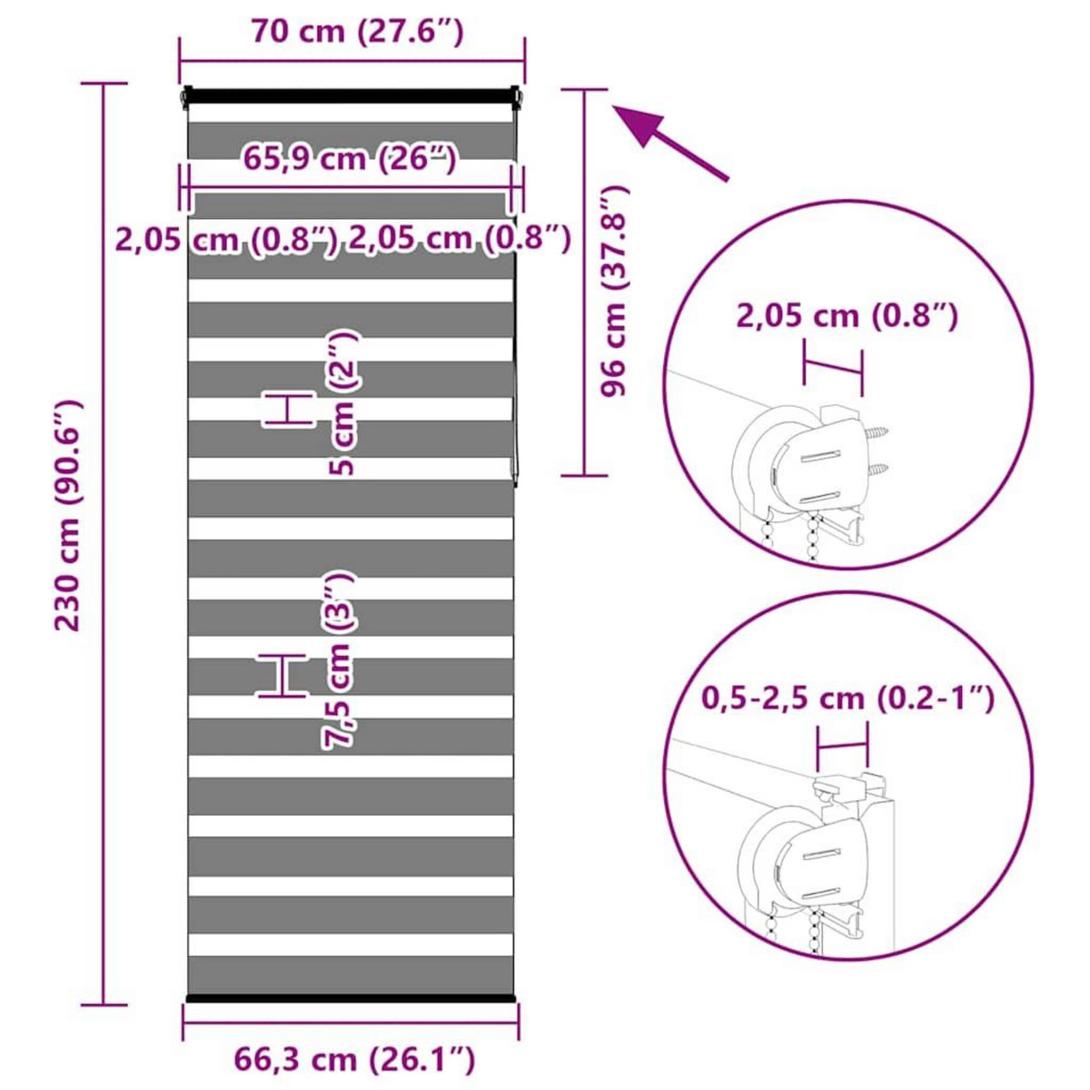 VIDAXL Store zebre gris fonce largeur du tissu 65,9 cm polyester