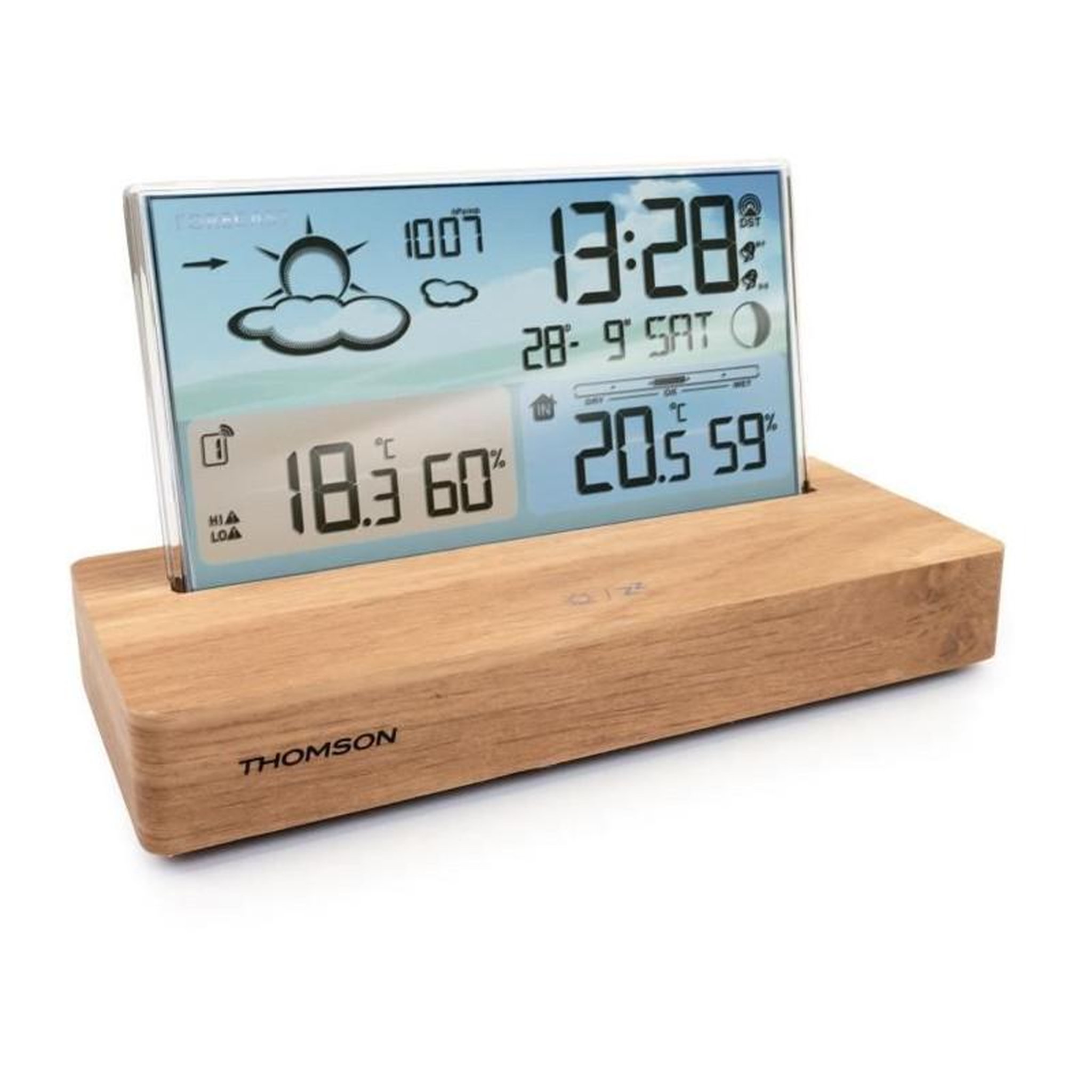 Voir la diapositive 2 : THOMSON Réveil station météo - THOMSON - Bois clair - Affichage température, Hygrométrie, Double alarme, USB-C, Sonde sans fil