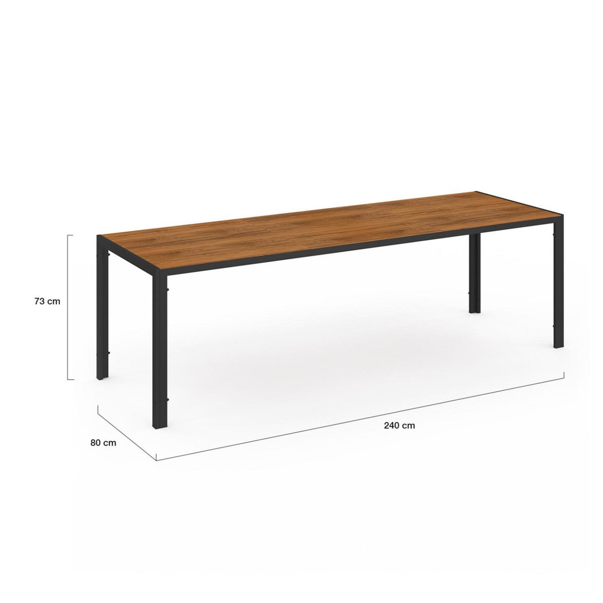 ID MARKET Salon de jardin NOUMEA table 240 cm plateau verre trempé effet bois et 10 chaises empilables noir et bois