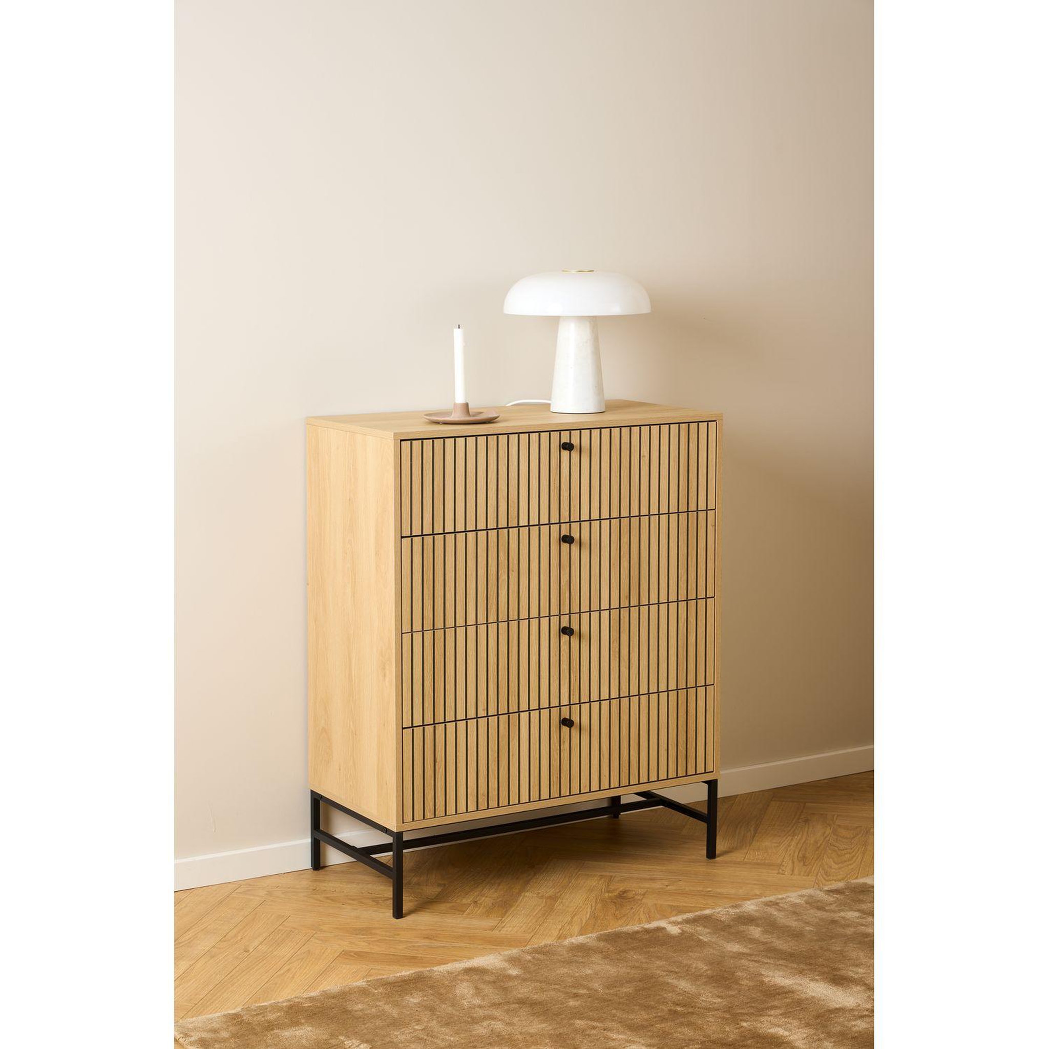 Voir la diapositive 2 : TOILINUX Commode rectangulaire à 4 tiroirs effet tasseaux baïkal - beige