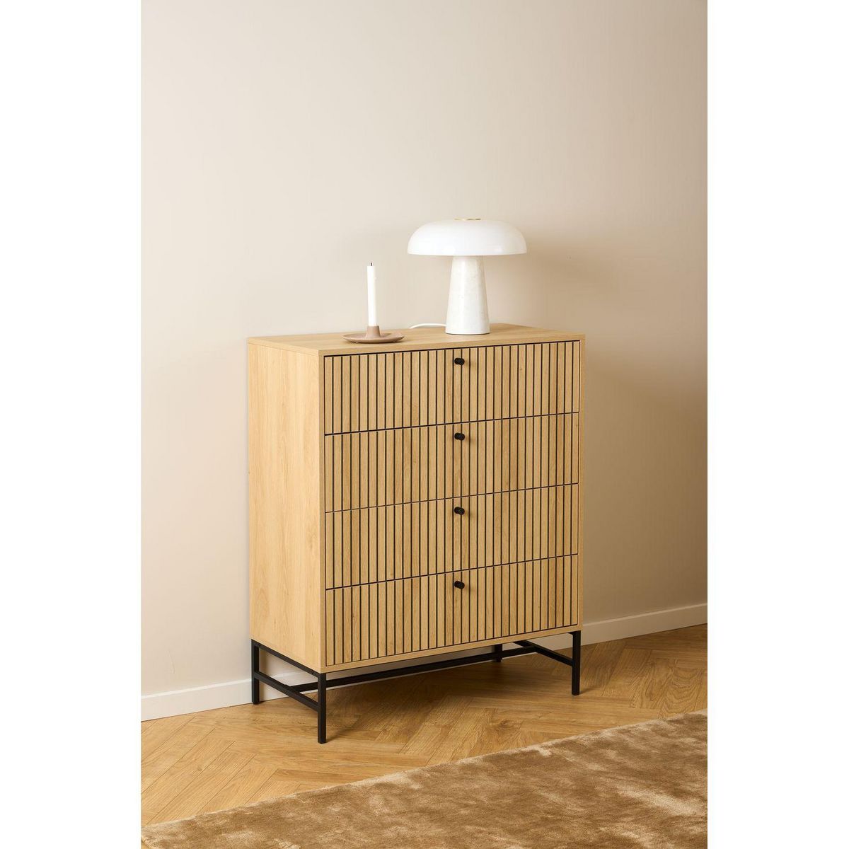 TOILINUX Commode rectangulaire à 4 tiroirs effet tasseaux BAÏKAL - Beige