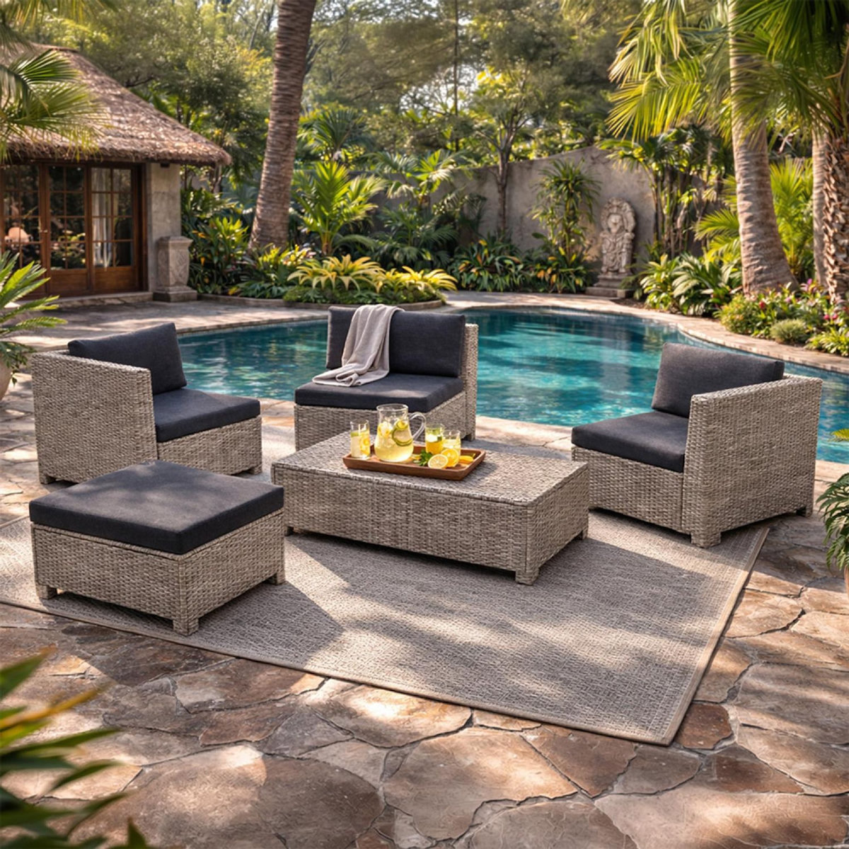 CONCEPT USINE Salon de jardin 4 places en résine tressée gris et noir BALLENY