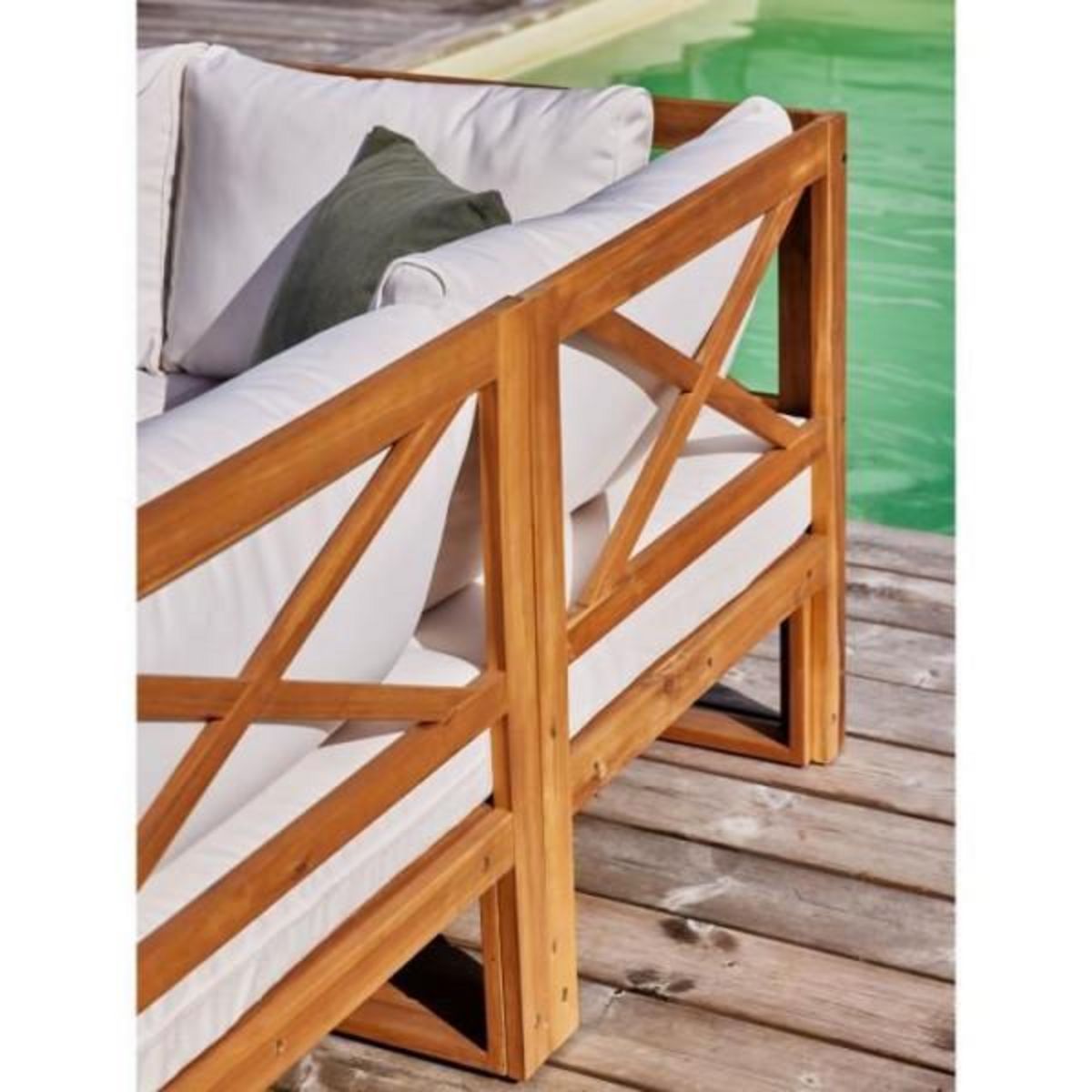 BOCARNEA Salon de jardin d'angle modulable - Bois d'acacia - 5 personnes - LEVATA OTTOMAN - Blanc cassé + Housse