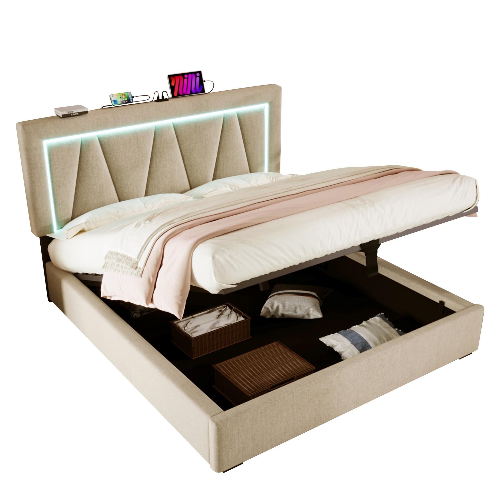 MERAX Lit double coffre 160x200 cm avec led, usb et sommier à lattes， lin gris