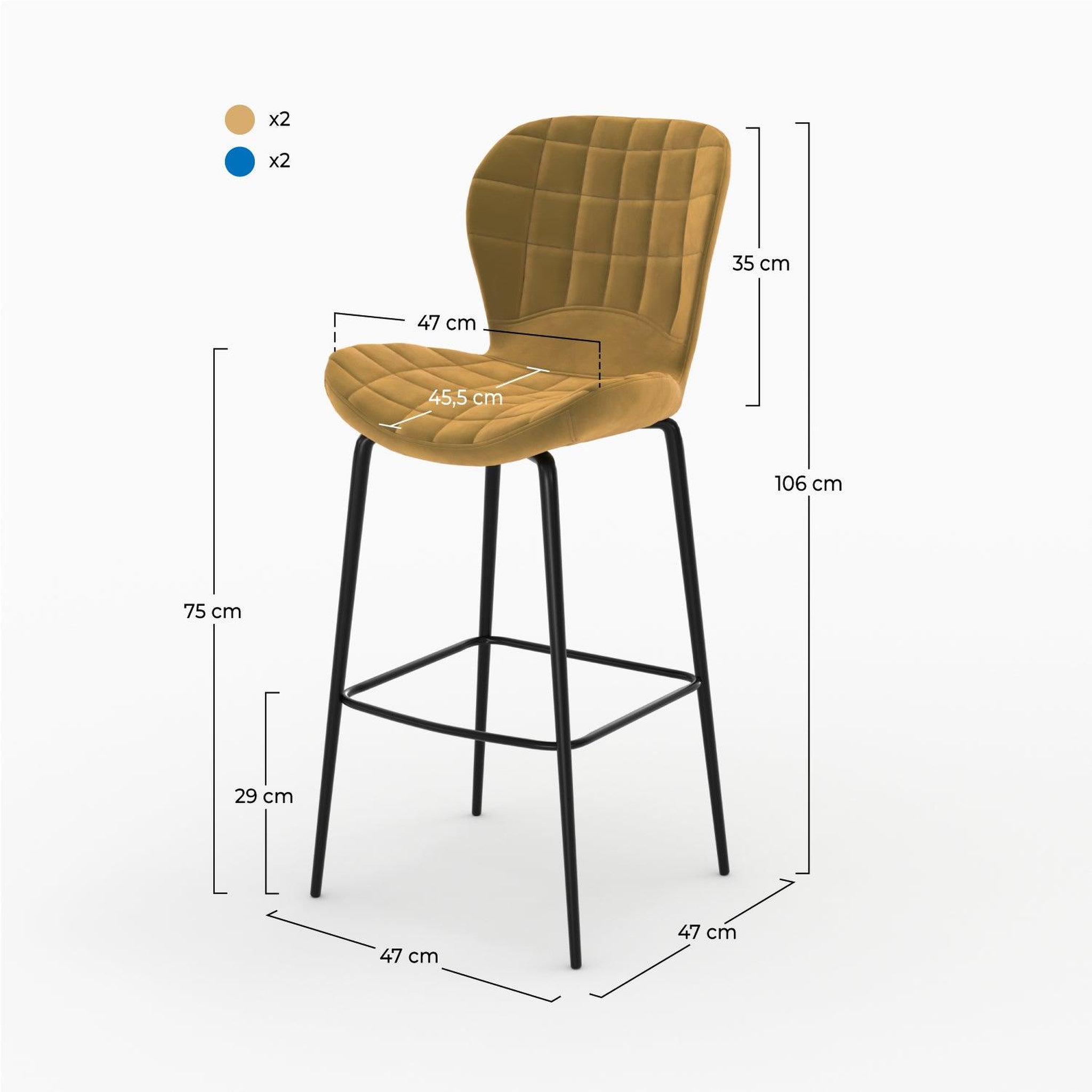 Voir la diapositive 4 : MAISON PAVANE Pack 4 chaises de bar en velours jaune et bleu 75 cm-mazzia