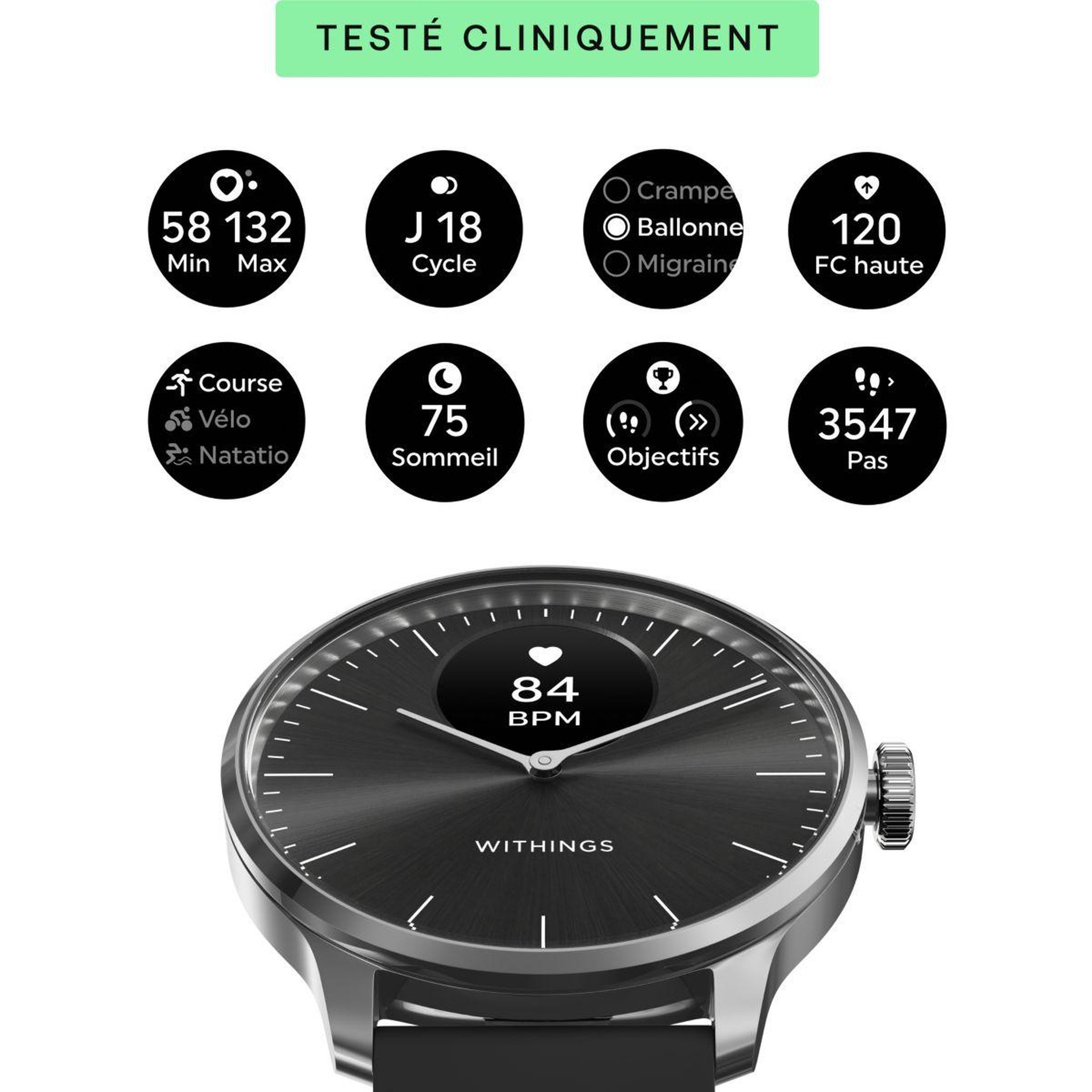 Voir la diapositive 3 : WITHINGS Montre santé Scanwatch Light Noire