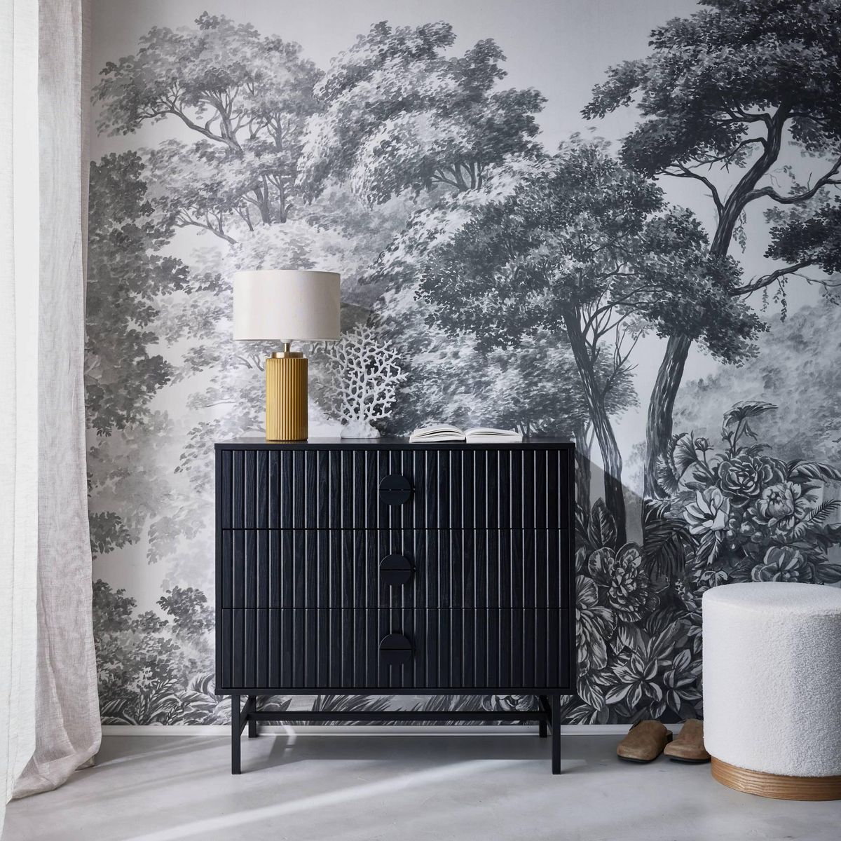 SWEEEK Commode 3 tiroirs effet bois rainuré noir BAZALT