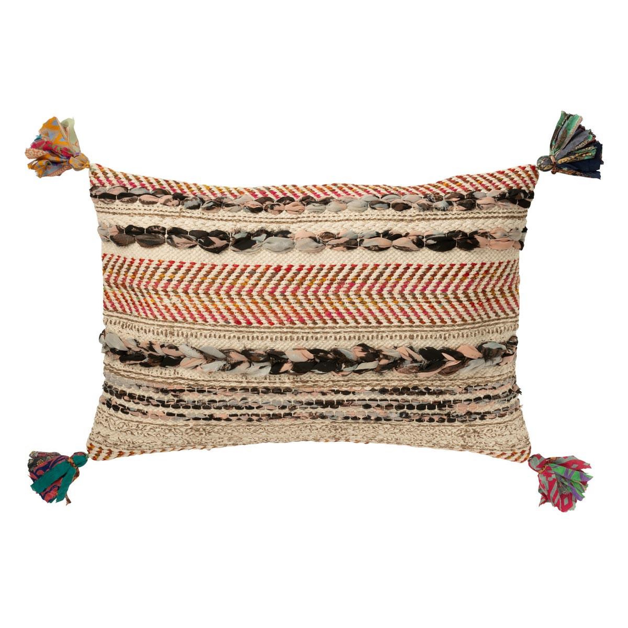 J-LINE Coussin déco tressé avec pompons  chindi  40x60cm multicolore