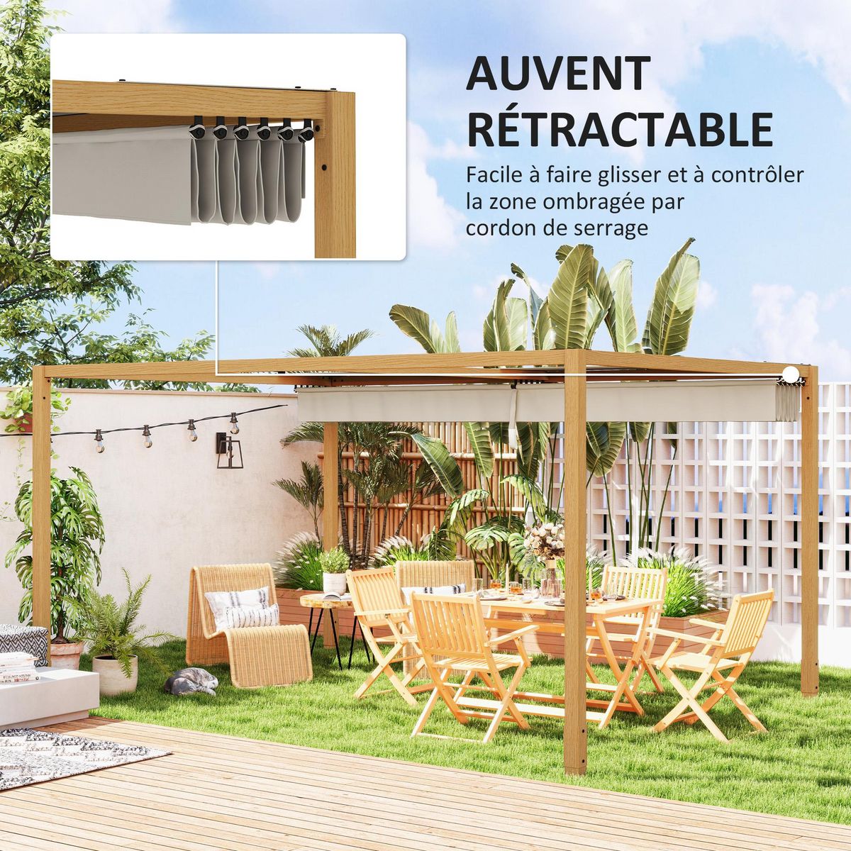 OUTSUNNY Pergola toile rétractable 4 x 3 m alu effet bois tissu polyester beige