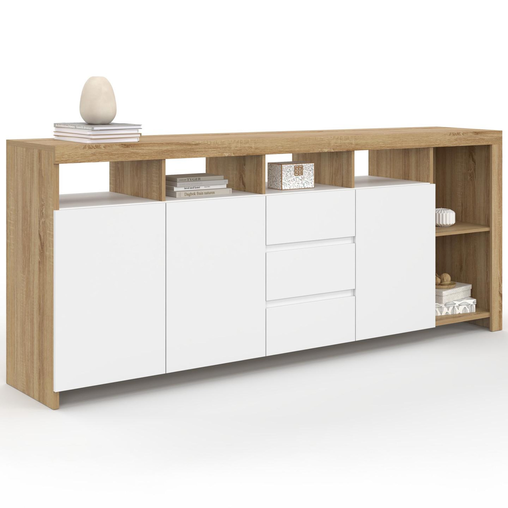 ID MARKET Buffet 180 cm MALO bois façon hêtre 3 portes et 3 tiroirs blancs