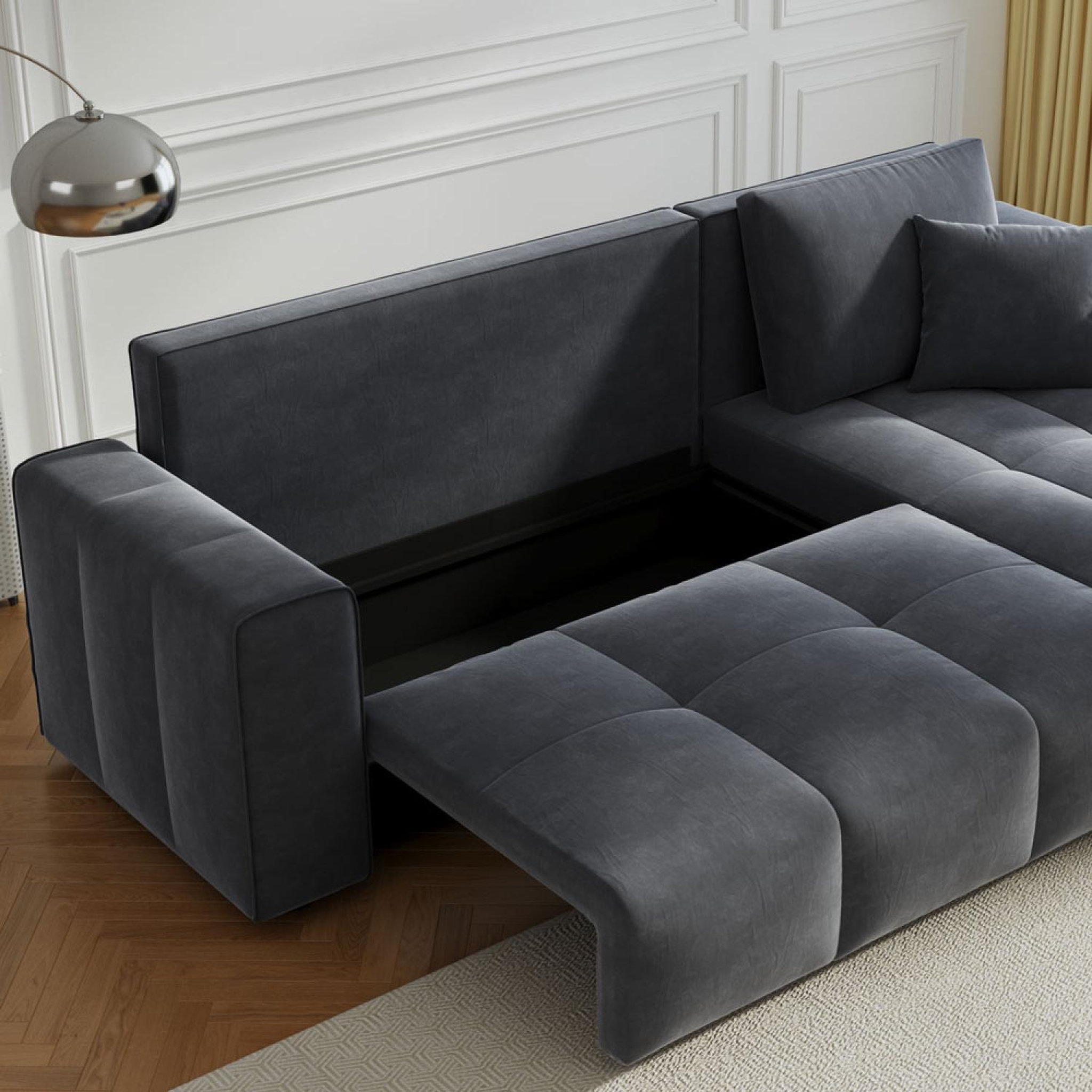 Voir la diapositive 5 : CONCEPT USINE Canapé d'angle convertible 4 places avec coffre en velours gris anthracite brighton