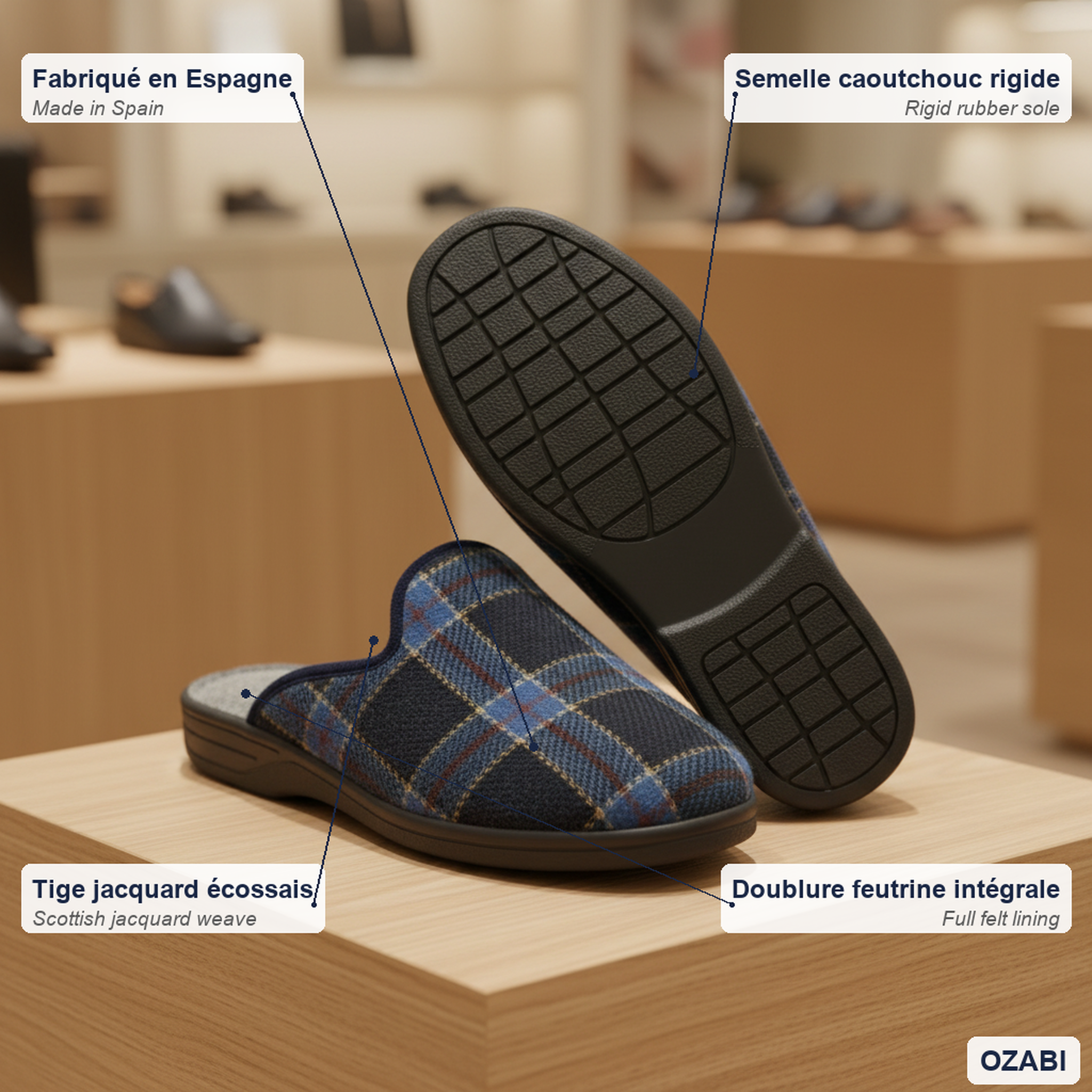 Voir la diapositive 4 : OZABI Ozabi pantoufles mules homme fabriquées en espagne, tige jacquard écossais