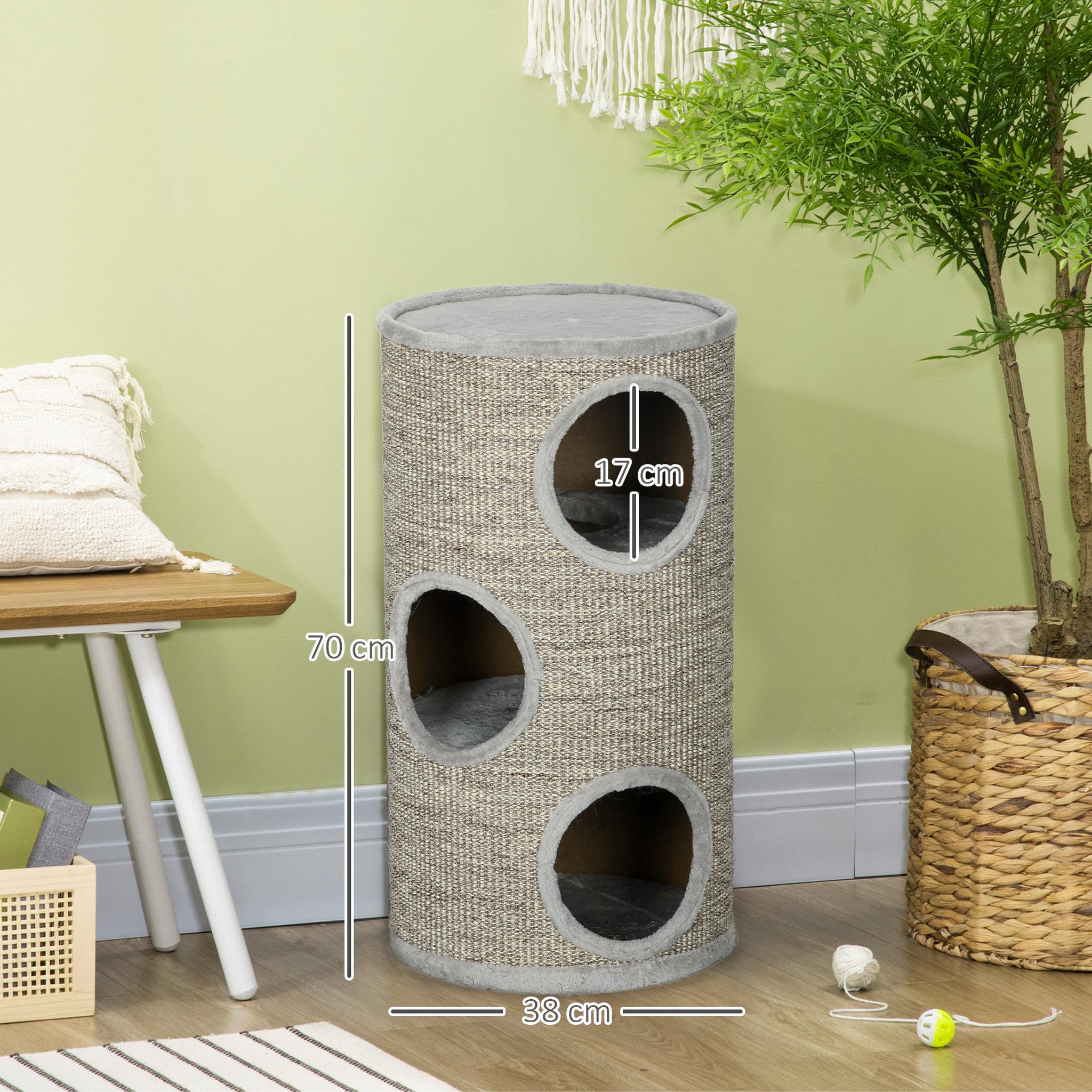 Voir la diapositive 3 : PAWHUT Arbre à chat cylindrique - tour à griffer pour chat - tonneau griffoir - 3 niveaux + plateforme - sisal peluche gris clair